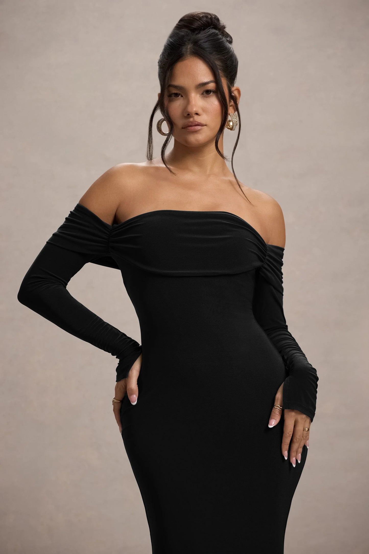 Amaia Black Bardot Long-Sleeve Maxi Dress