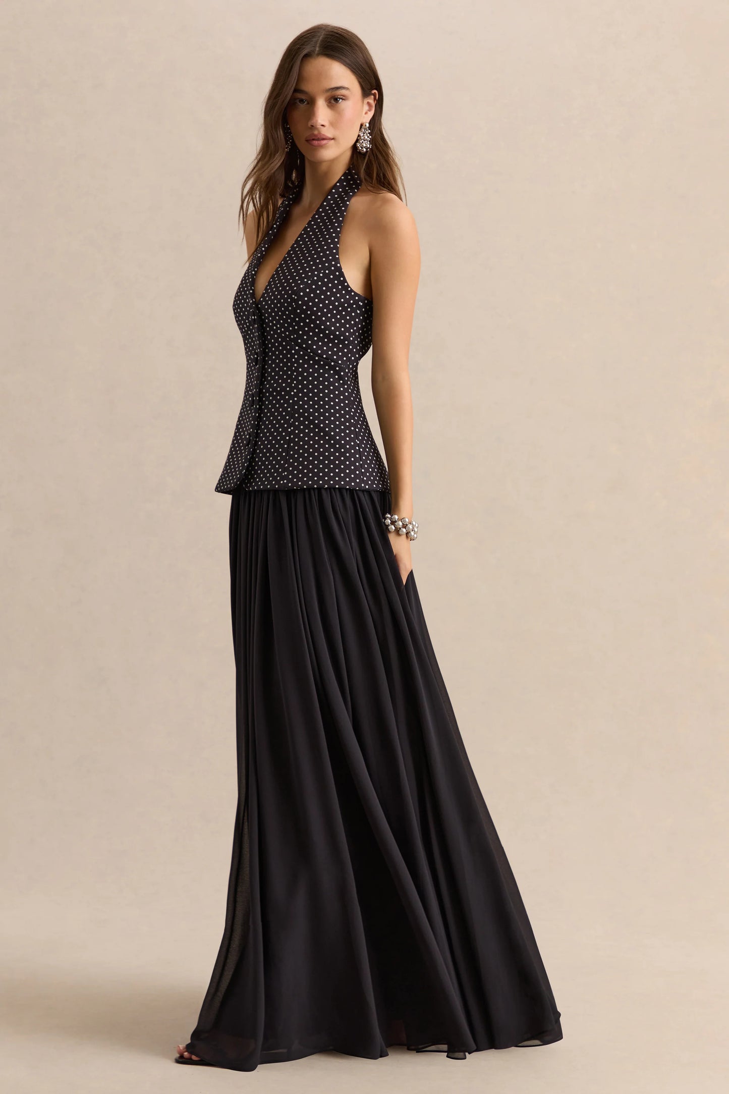 Zarina Black & White Polka-Dot Plunge-Neck Maxi Dress