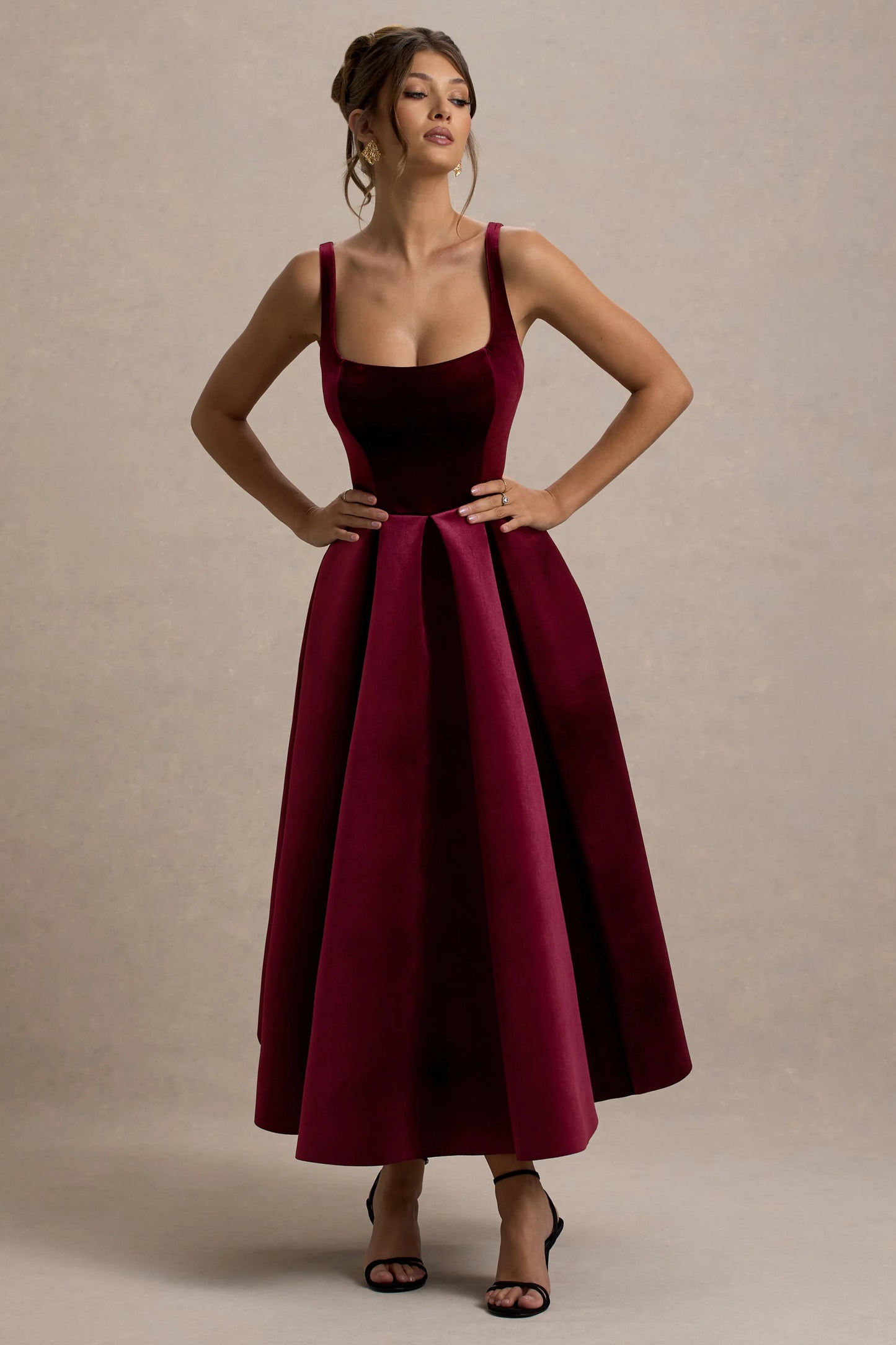 Francisca Berry Velvet Strappy Volume-Hem Midi Dress