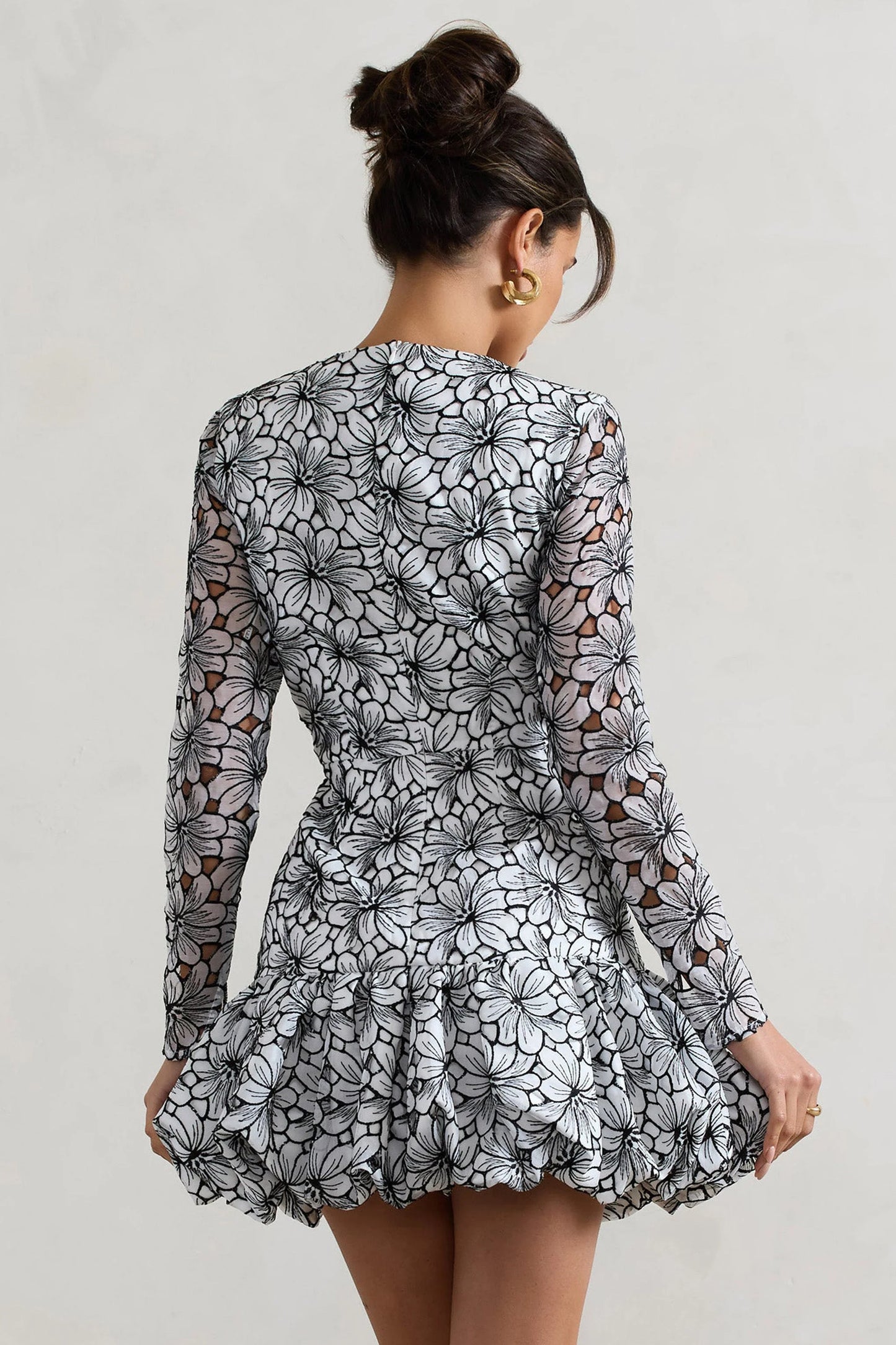 Claribel Black & White Lace Long-Sleeve Mini Dress With Ruffle Hem
