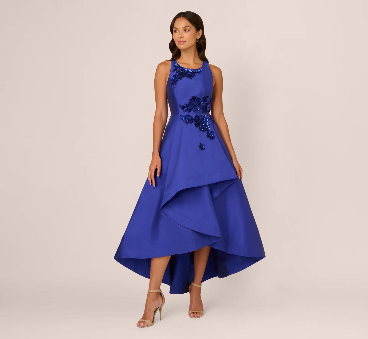 Bead Mikado High Low Long Dress In Ultra Blue