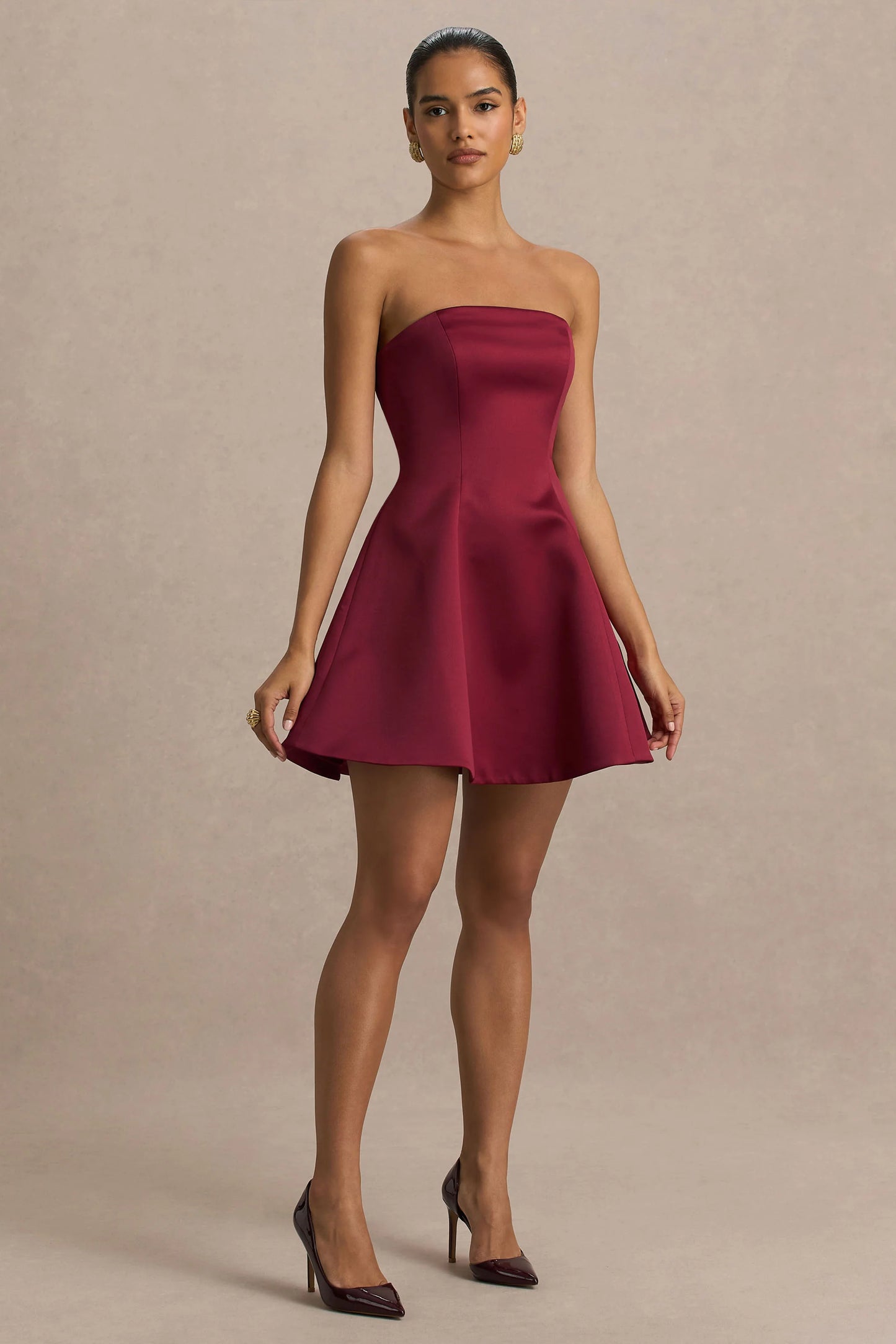 Lioray Burgundy Satin Bandeau-Neck A-Line Mini Dress