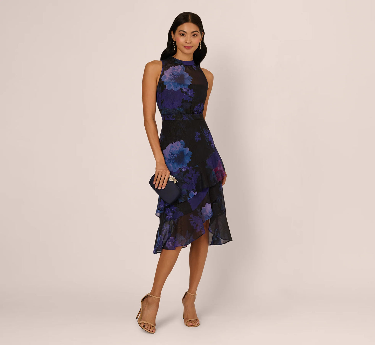 Sleeveless Glitter Floral Ruffle Midi Dress In Black Multi