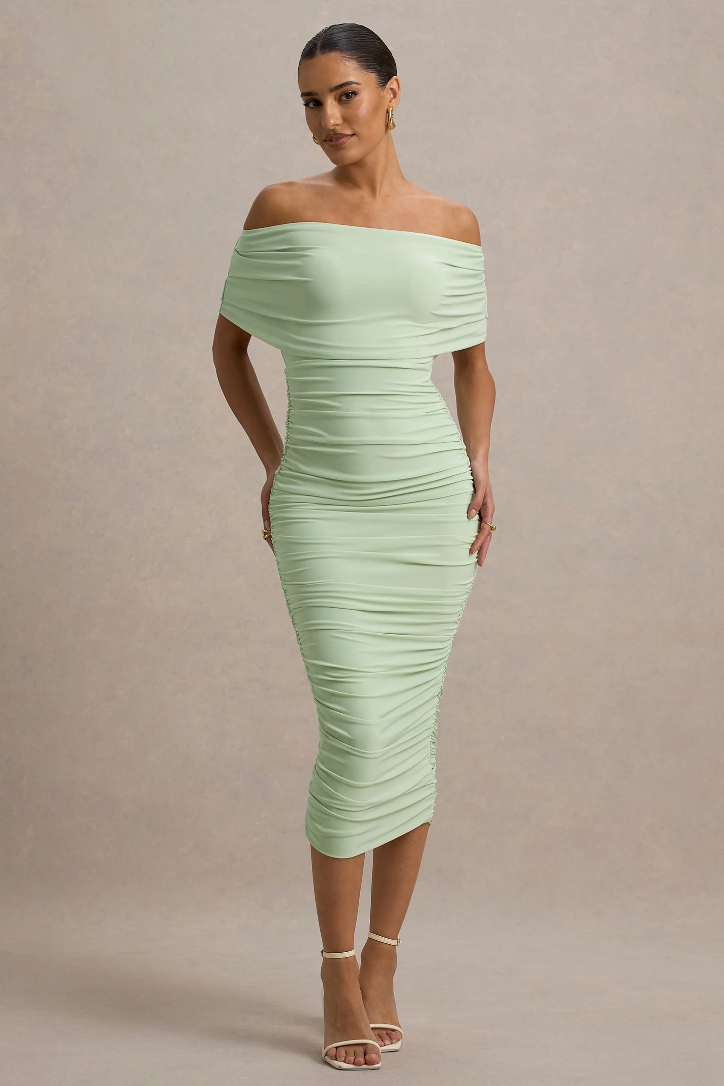 Rayleigh Light Green Bardot Ruched Midi Dress