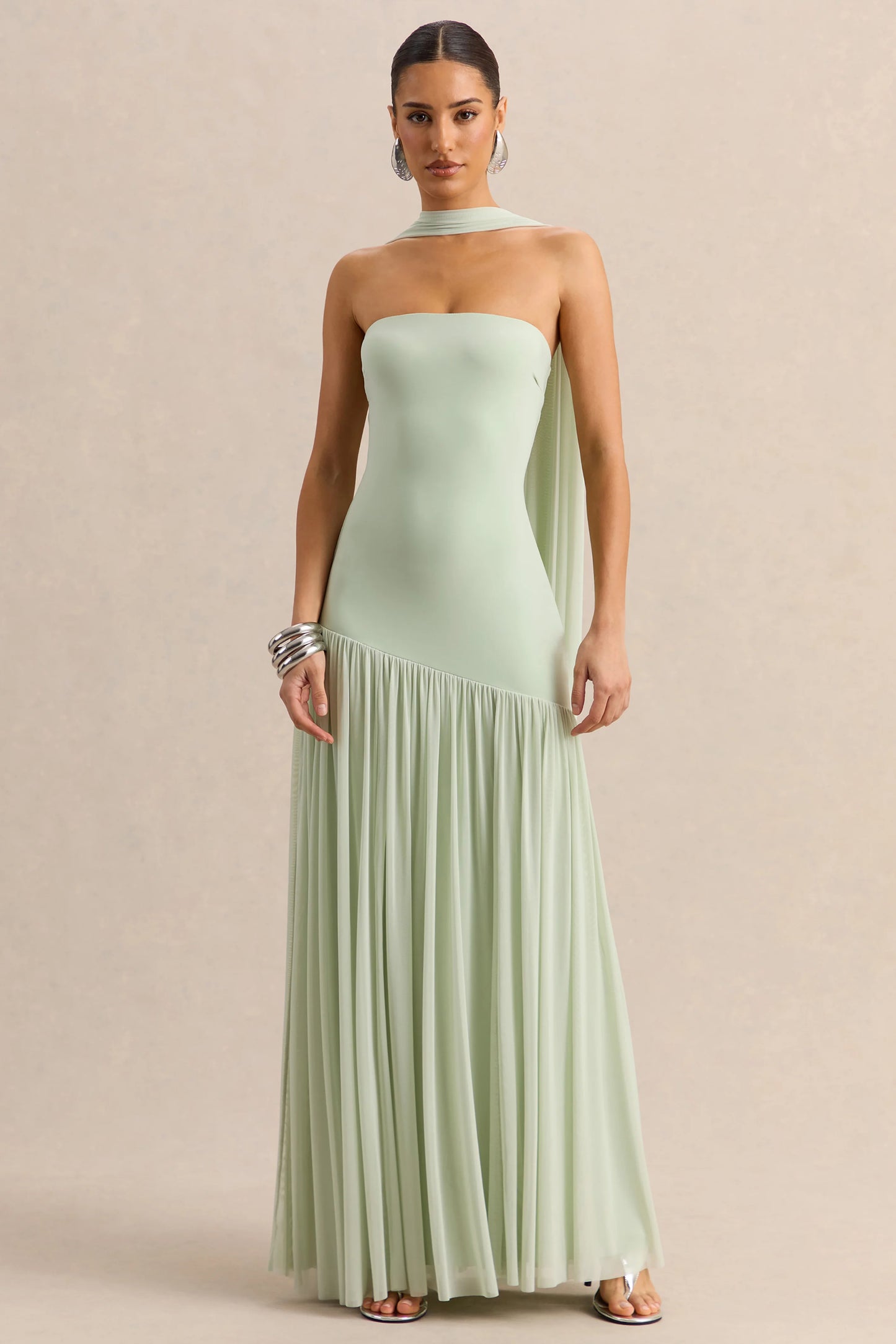 Bambi Mint Bandeau Maxi Dress With Scarf-Detail