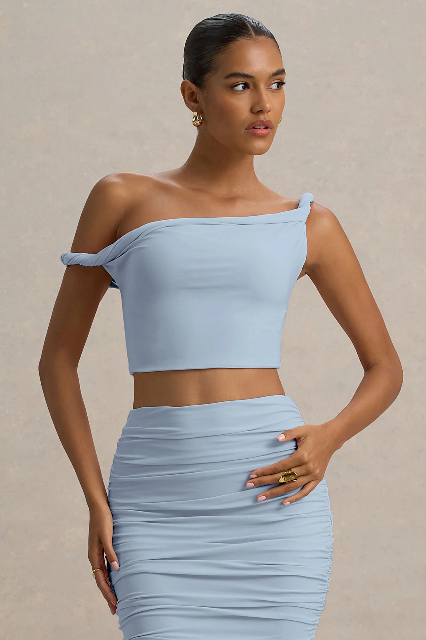 Ariel Powder Blue Twisted Asymmetric Crop Top