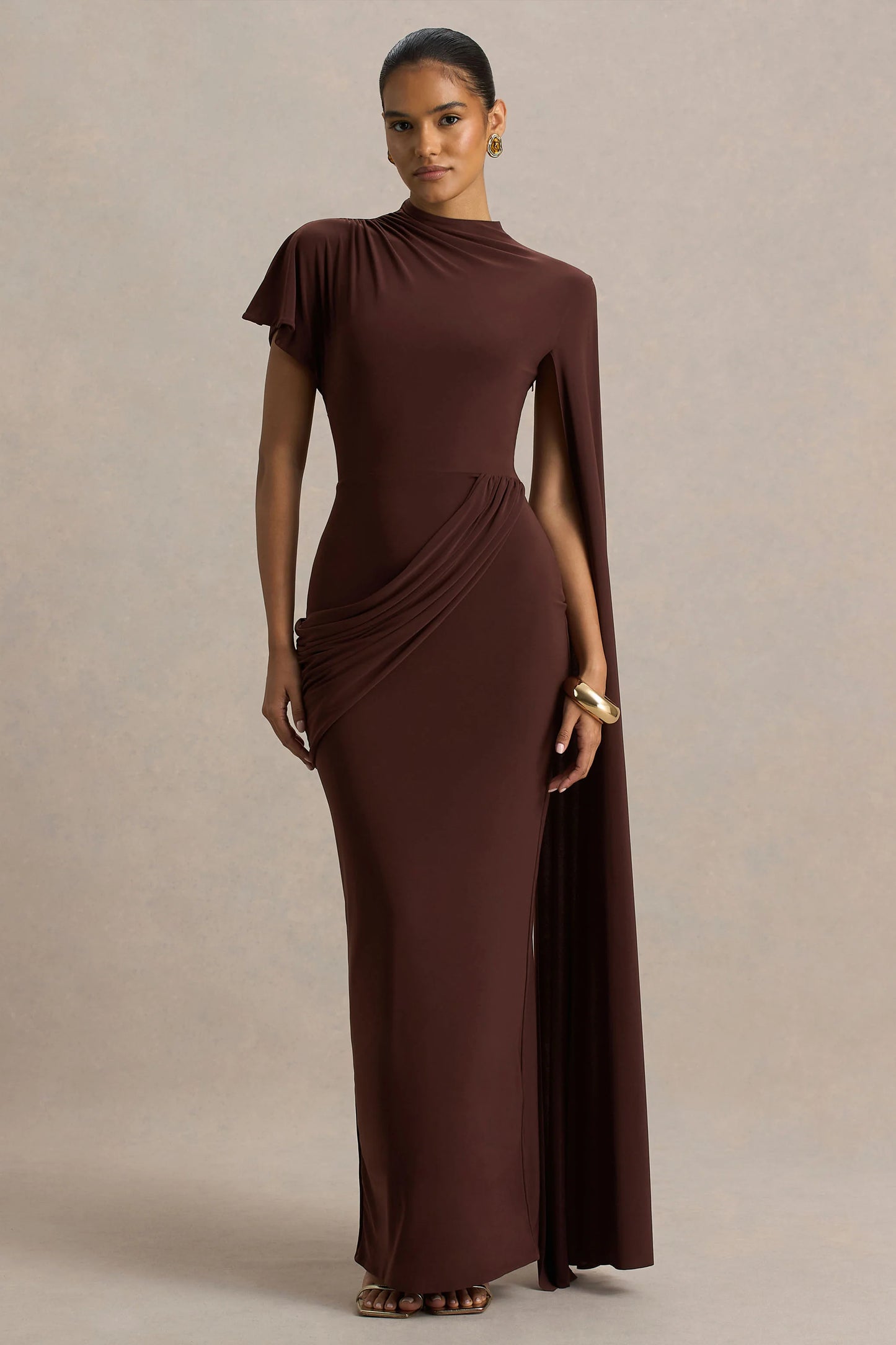 Tropic Brown High-Neck Maxi With Long Cape Sleeve