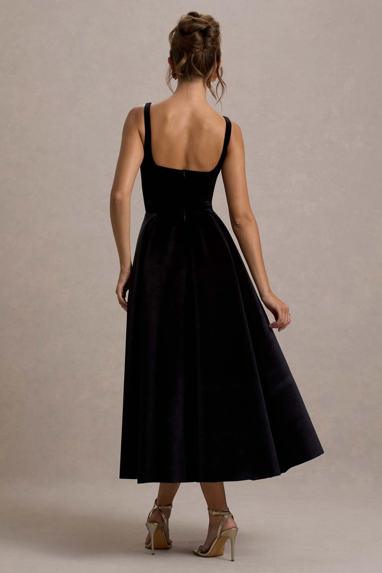 Francisca Black Velvet Strappy Volume-Hem Midi Dress