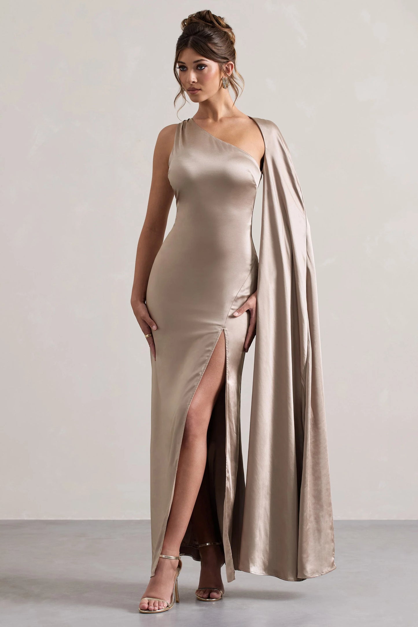 Gala Taupe Satin One-Shoulder Cape Sleeve Split Maxi Dress