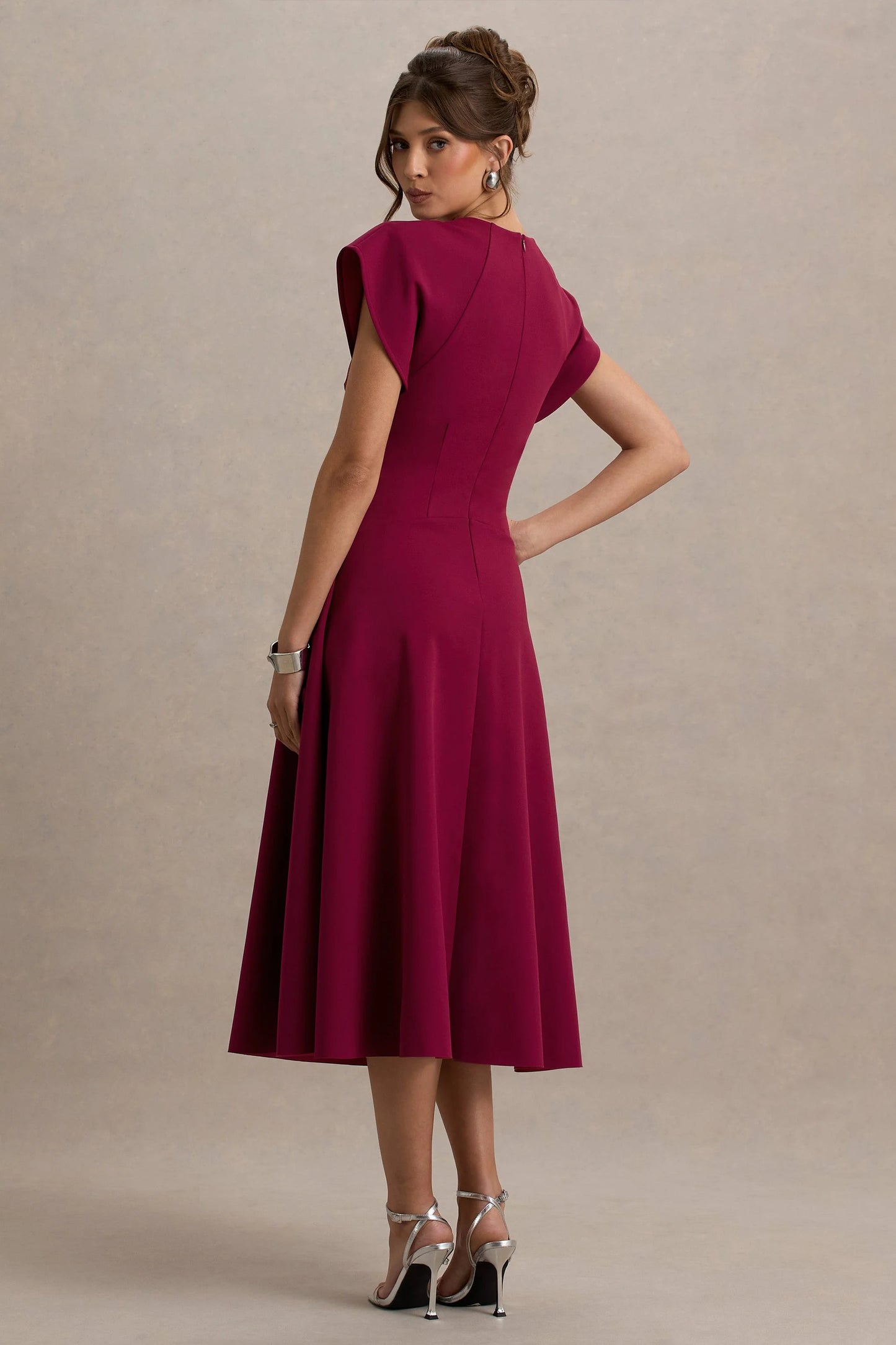 Linda Dark Cherry Crew-Neck Cap-Sleeve Midi Dress