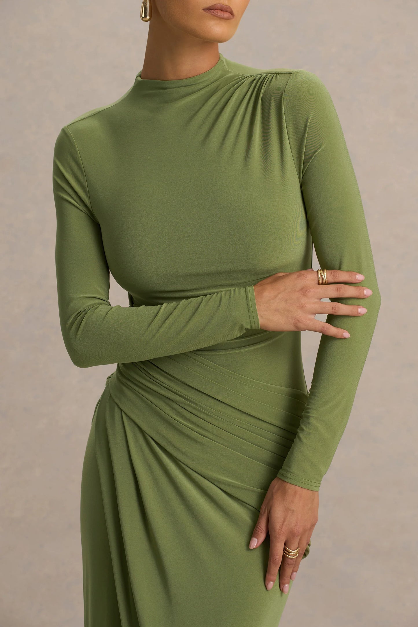 Zephyra Olive High-Neck Wrapped Maxi Dress