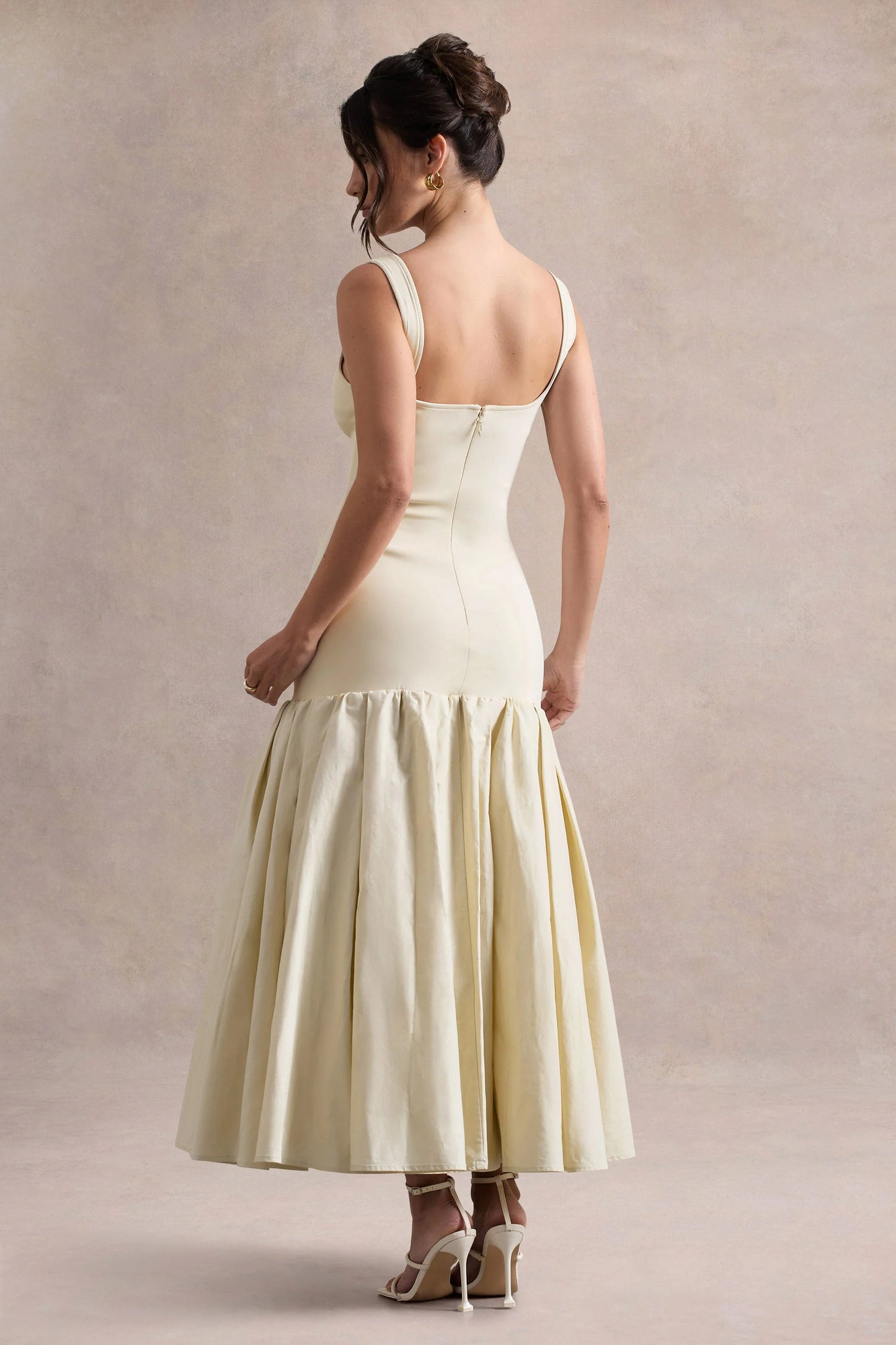 Parida Cream Poplin Drop-Waist Midi Dress With Peplum Hem