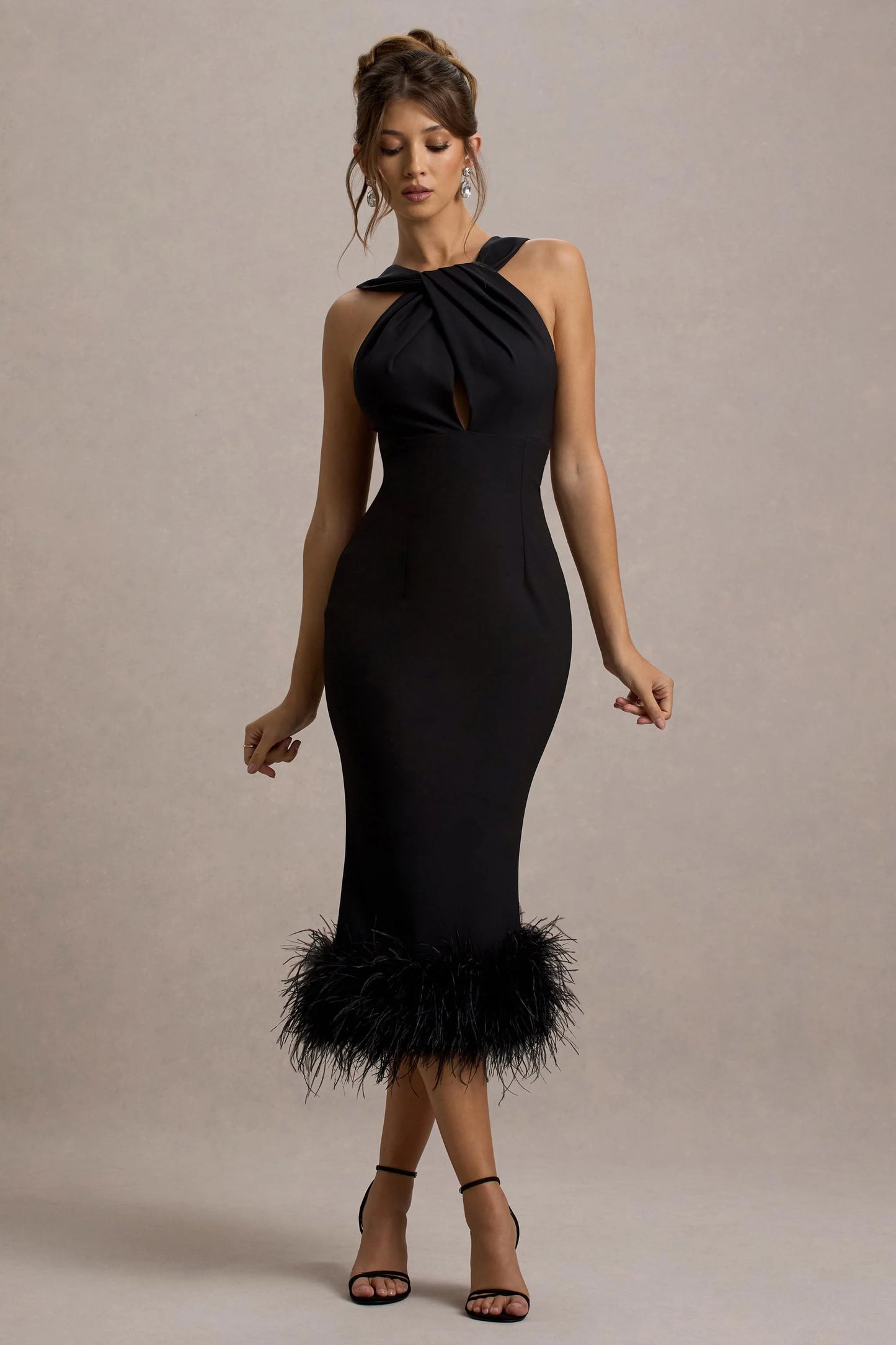 Titania Black Twist-Neck Feather Hem Midi Dress