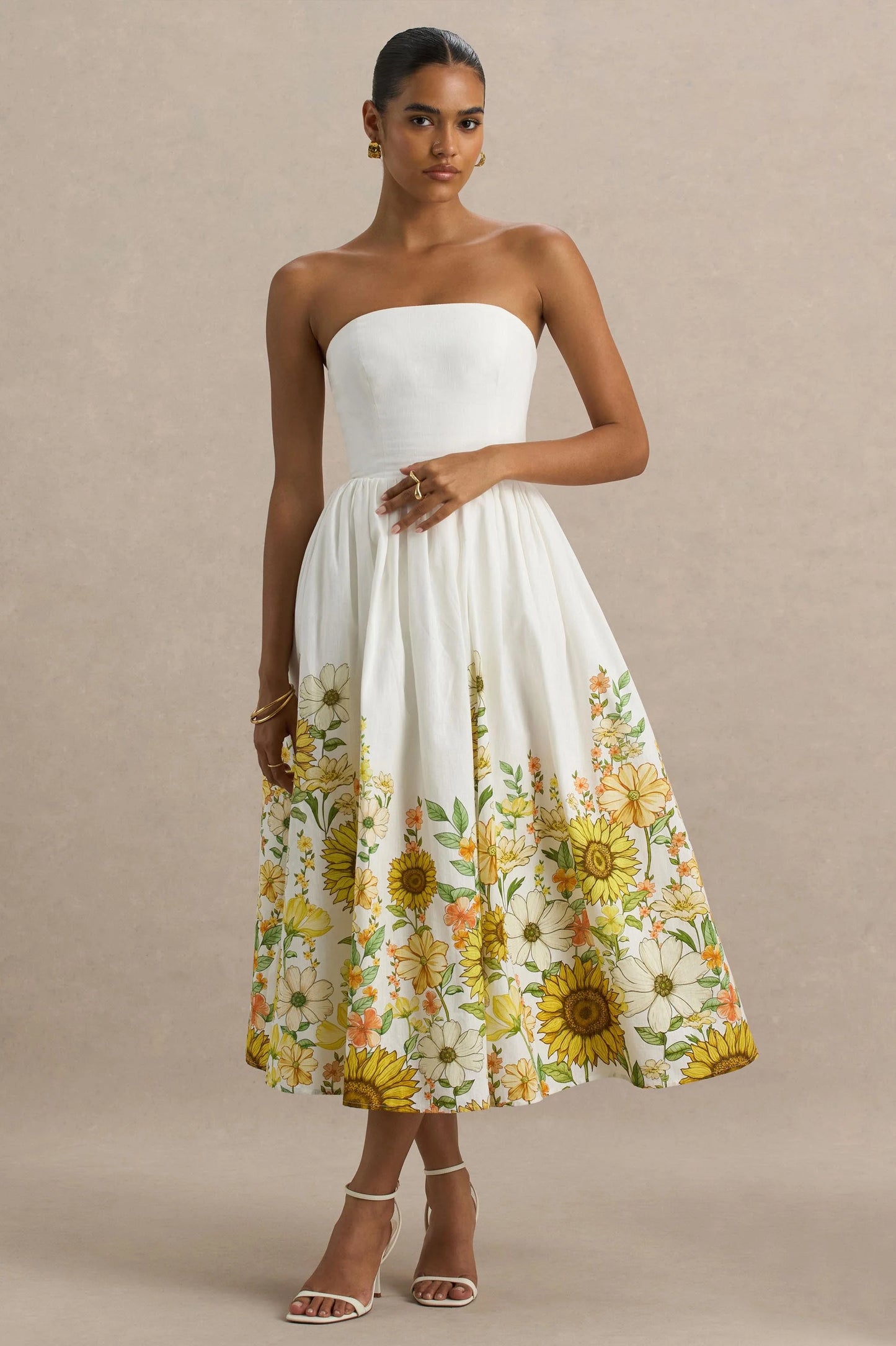Ivory Sunflower Print Bandeau High-Low Midi Dress