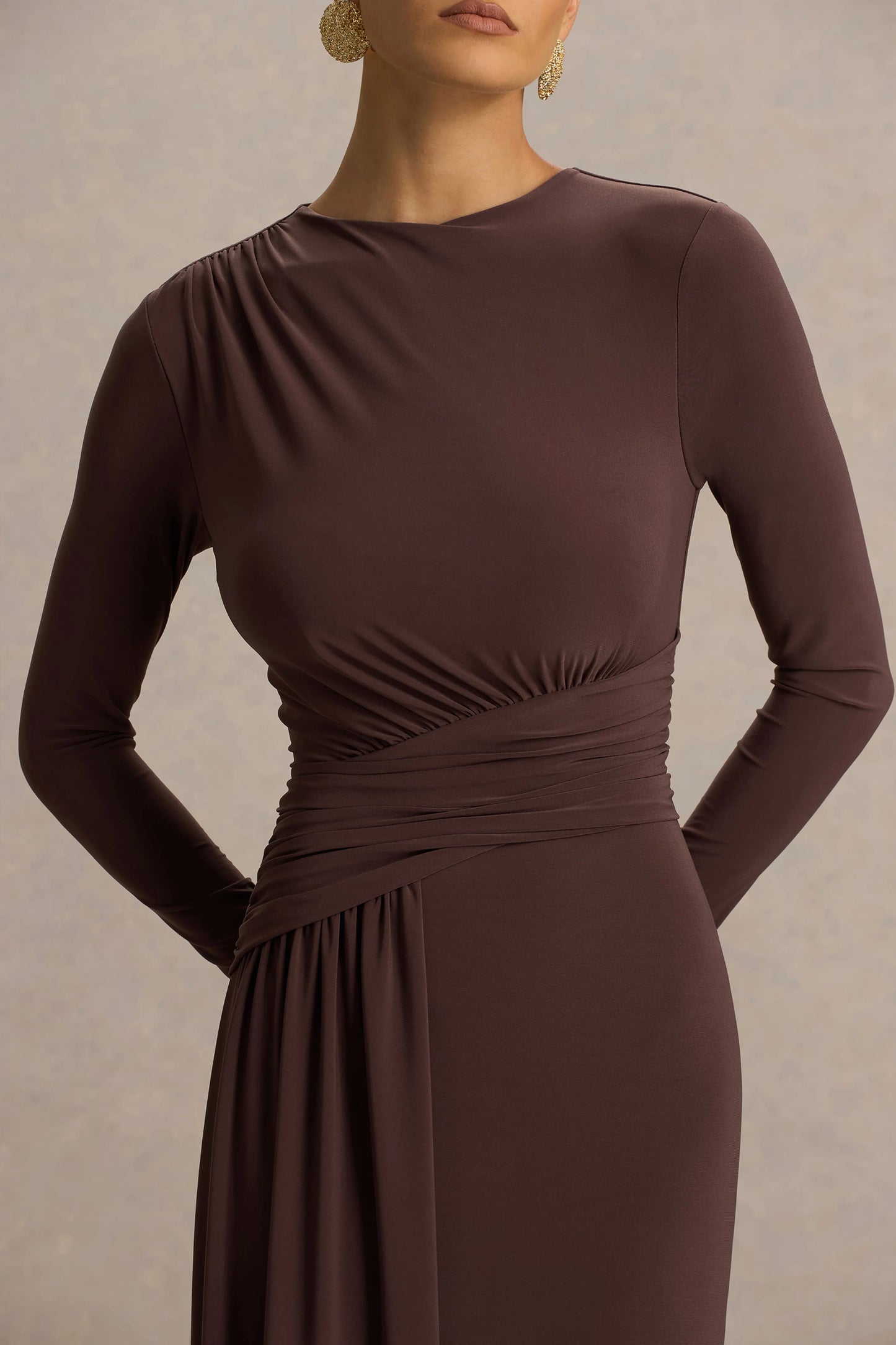 Virelle Brown Boat-Neck Maxi Dress With Wrap Detail And Sash