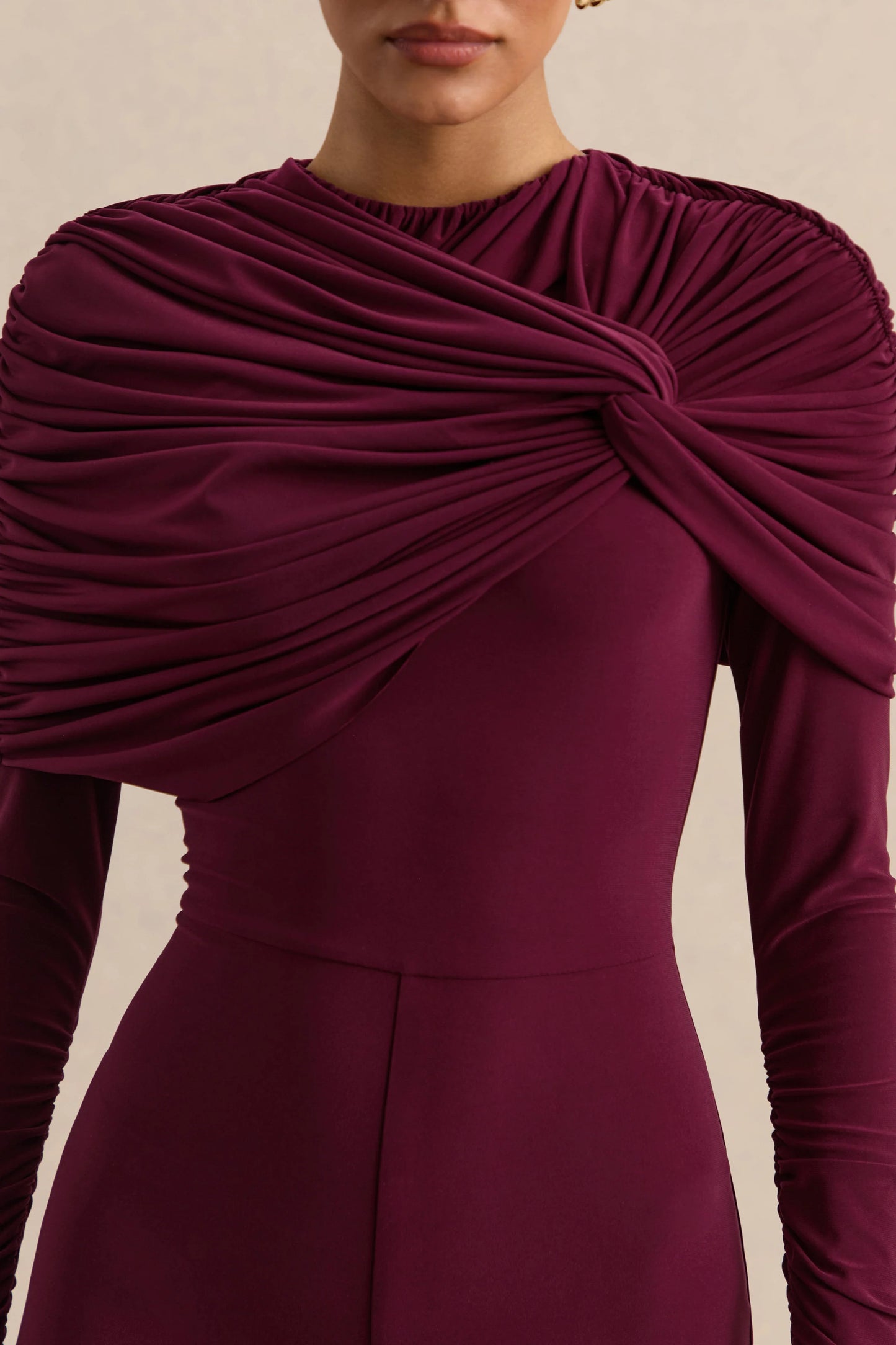 Eloura Burgundy High-Neck Jumpsuit With Twist-Gathered Detail
