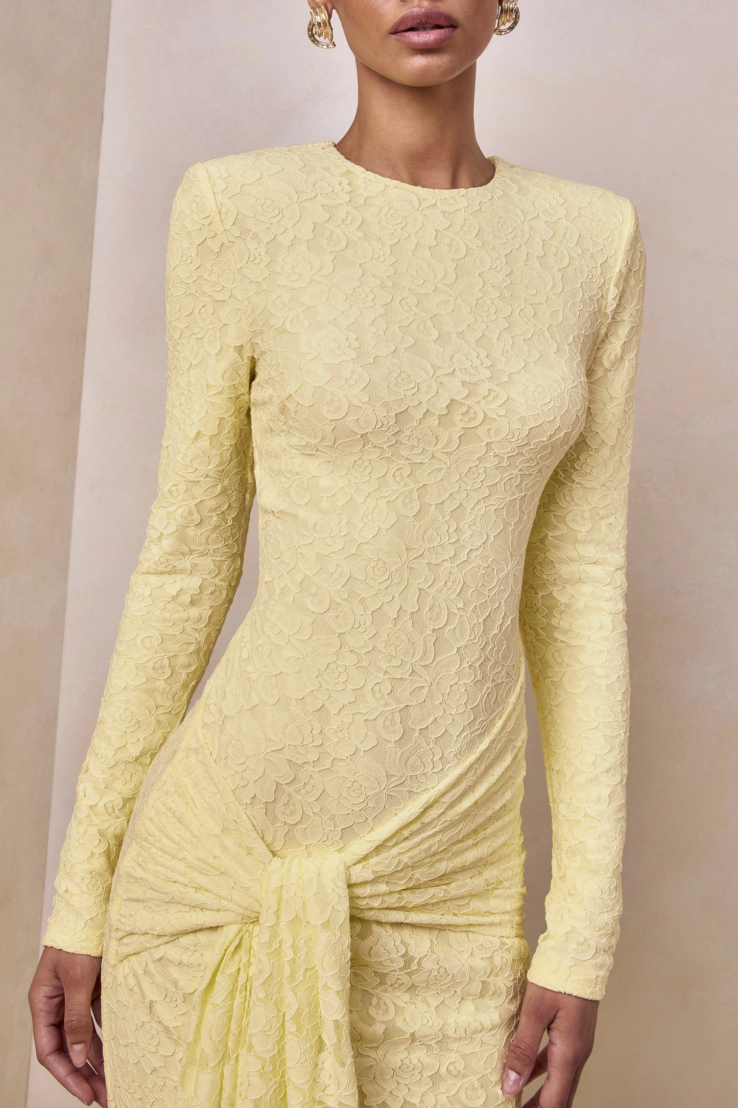 Evangela Lemon Lace Crew-Neck Maxi Dress With Wrap-Detail