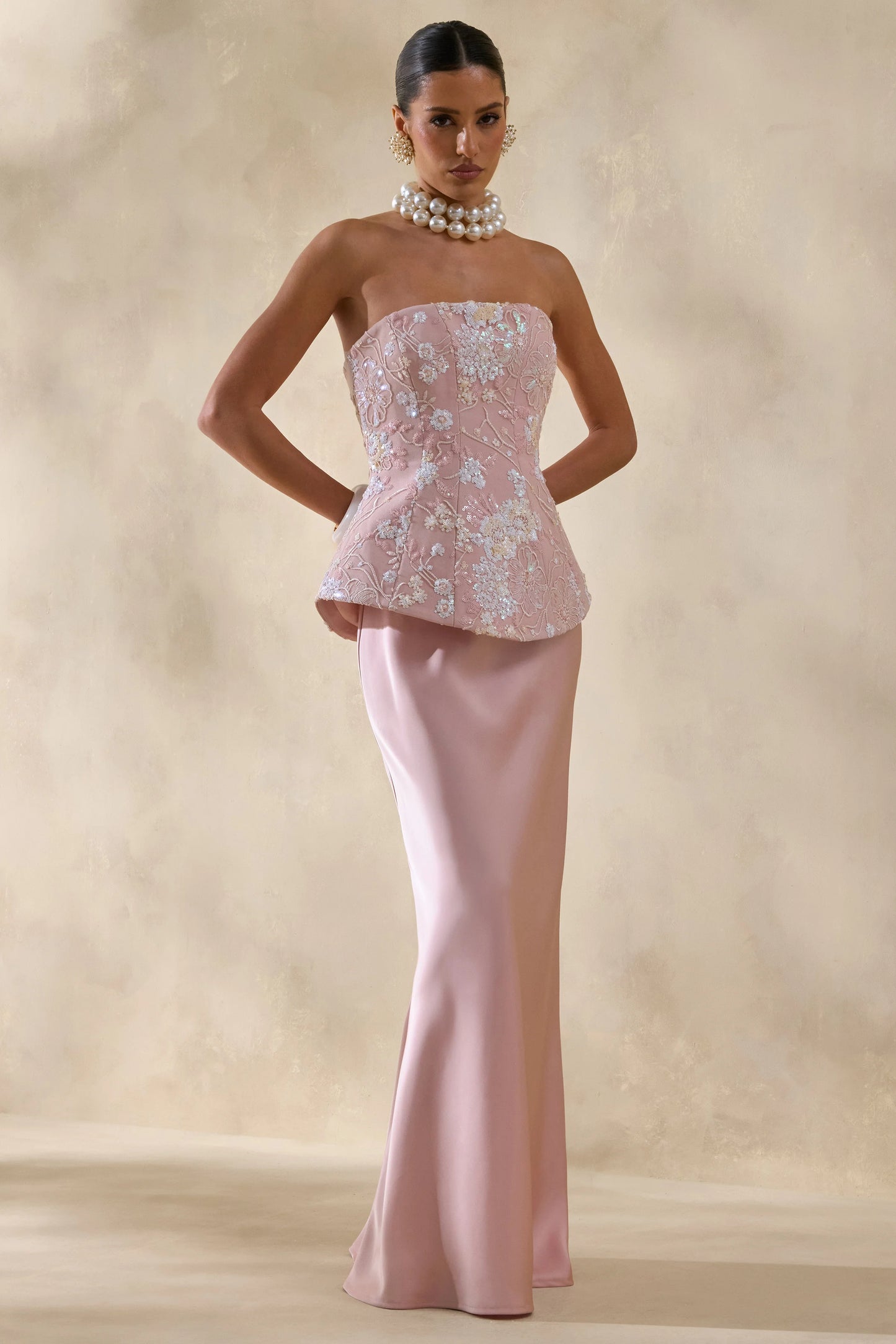 Corvina Pink Embellished Floral Bandeau Corset Maxi Dress