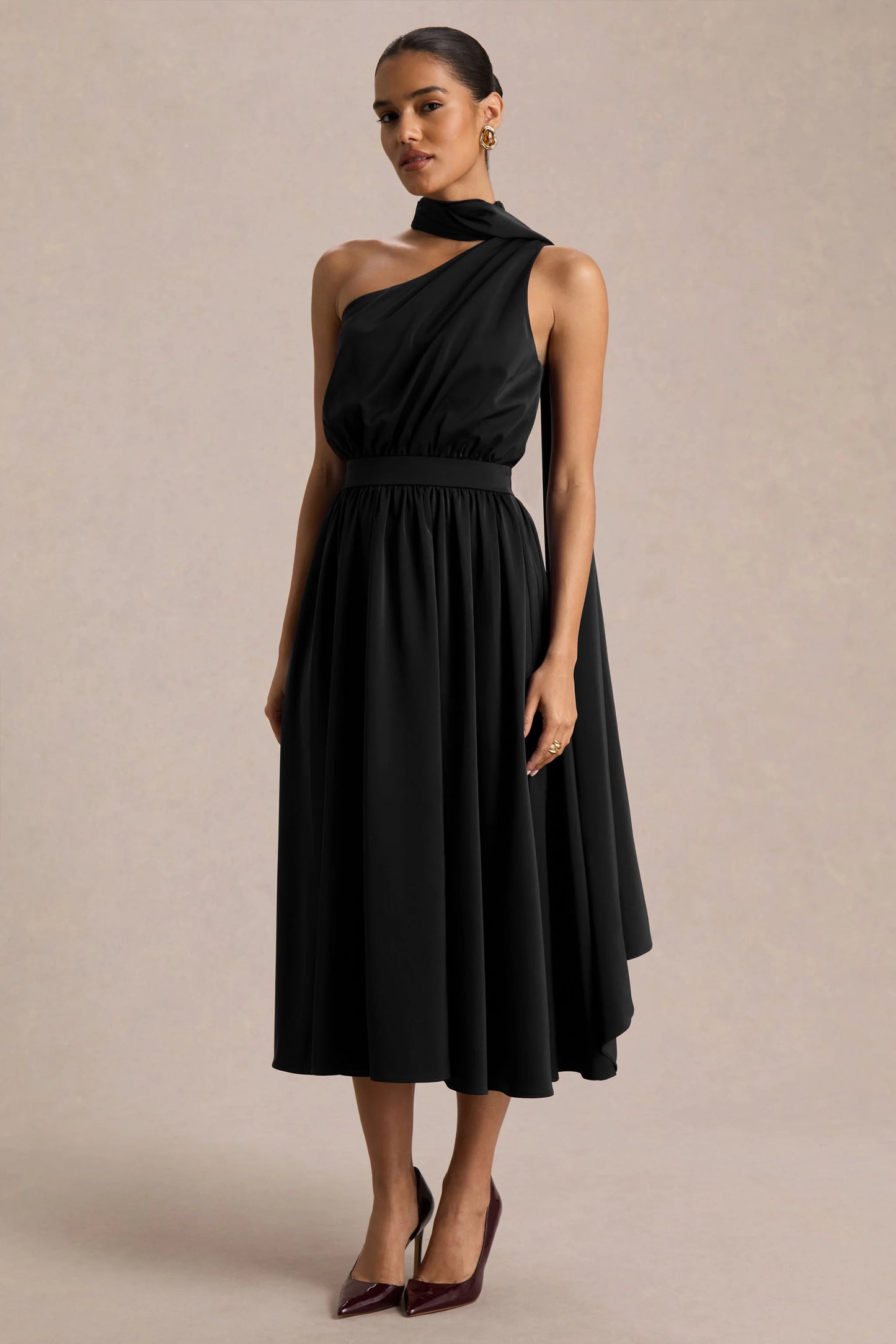 Caluna Black Satin Asymmetric-Neck Midi Dress With Scarf-Detail