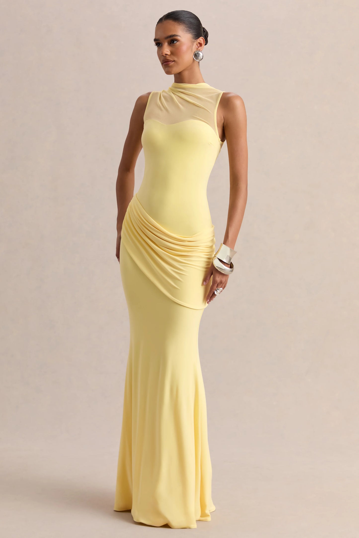 Lyssy Lemon High-Neck Maxi Dress With Mesh-Detail