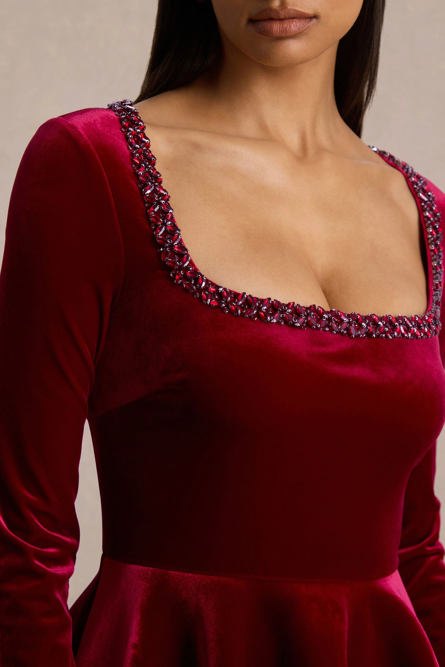 Beloved Red Velvet Hand-Embellished Square-Neck Mini Dress