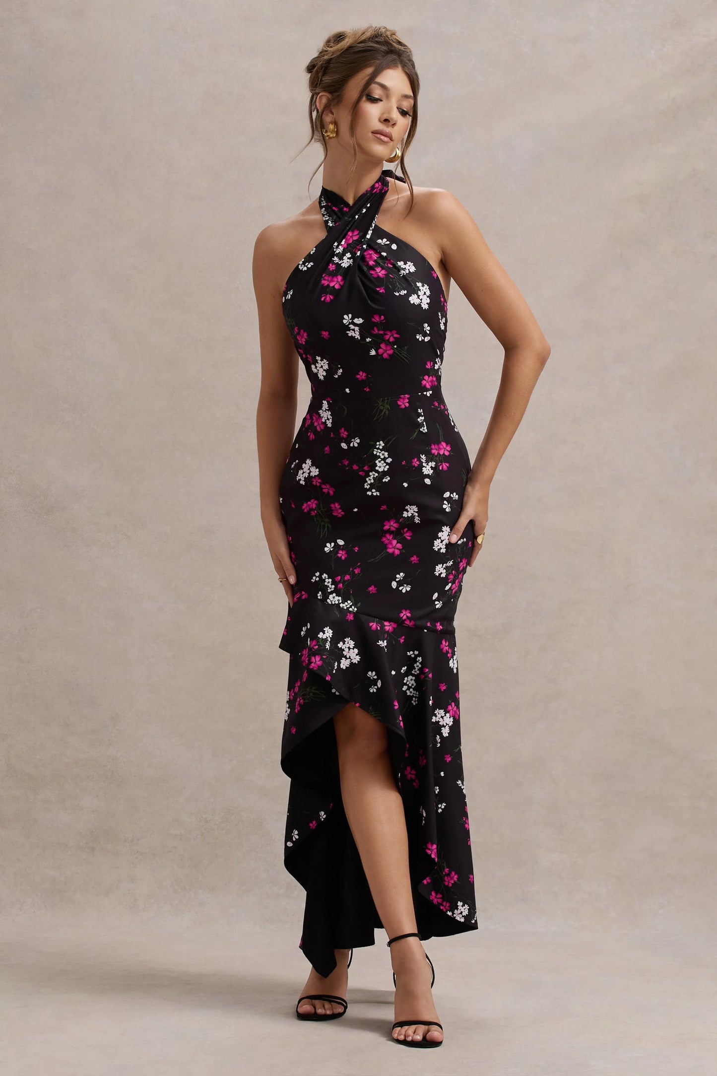 Melodia Black Ditsy Floral Print Satin Halter-Neck Ruffled Maxi Dress