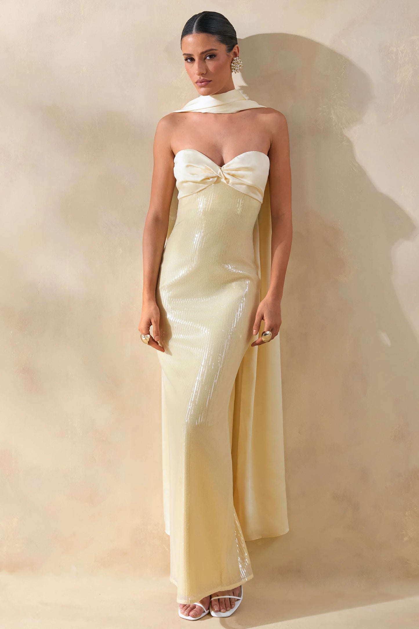 Stephanie Lemon Sequin Bandeau Maxi Dress With Scarf