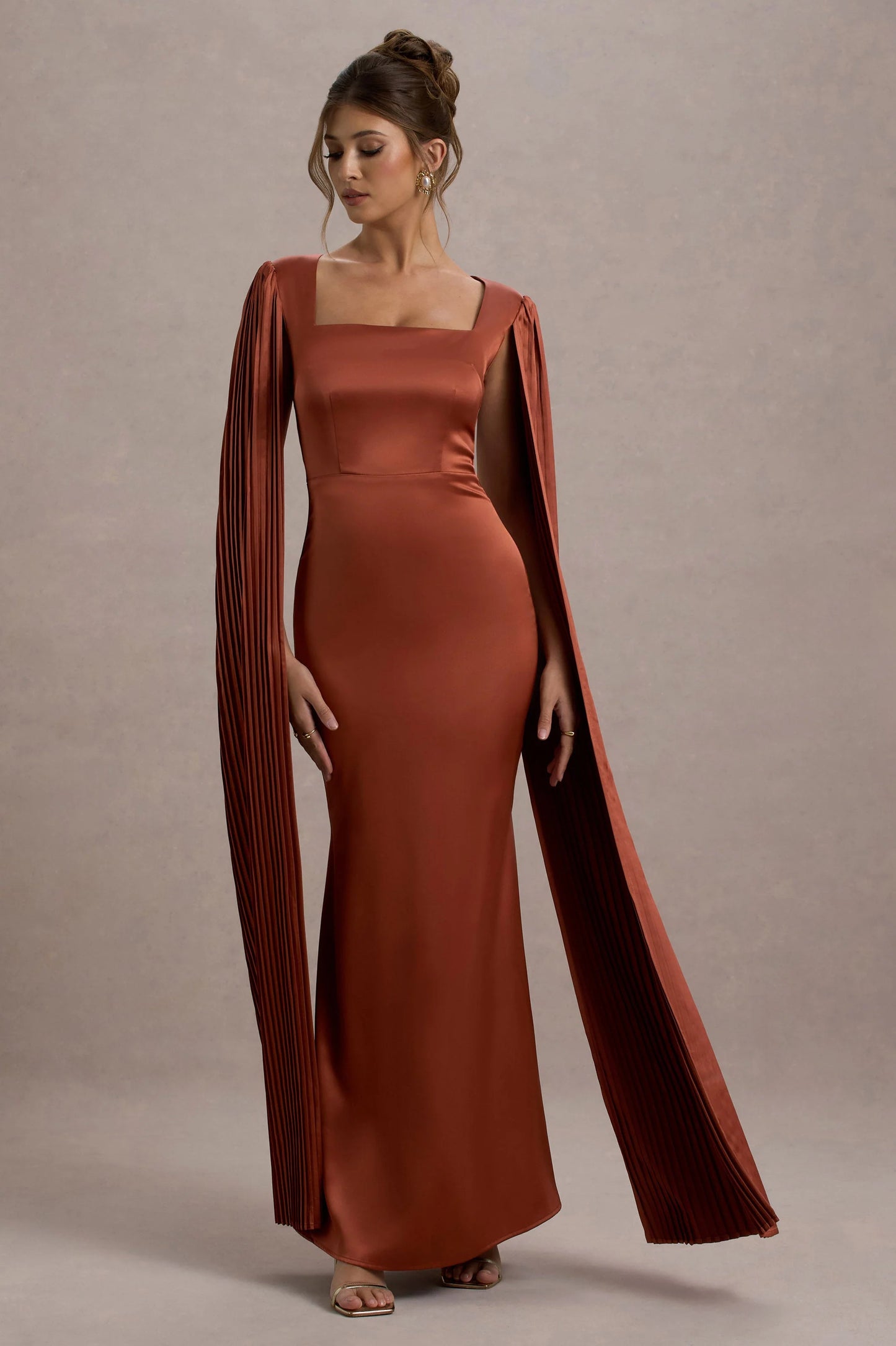 Saloma Rust Satin Square-Neck Maxi Dress With Cape Sleeves
