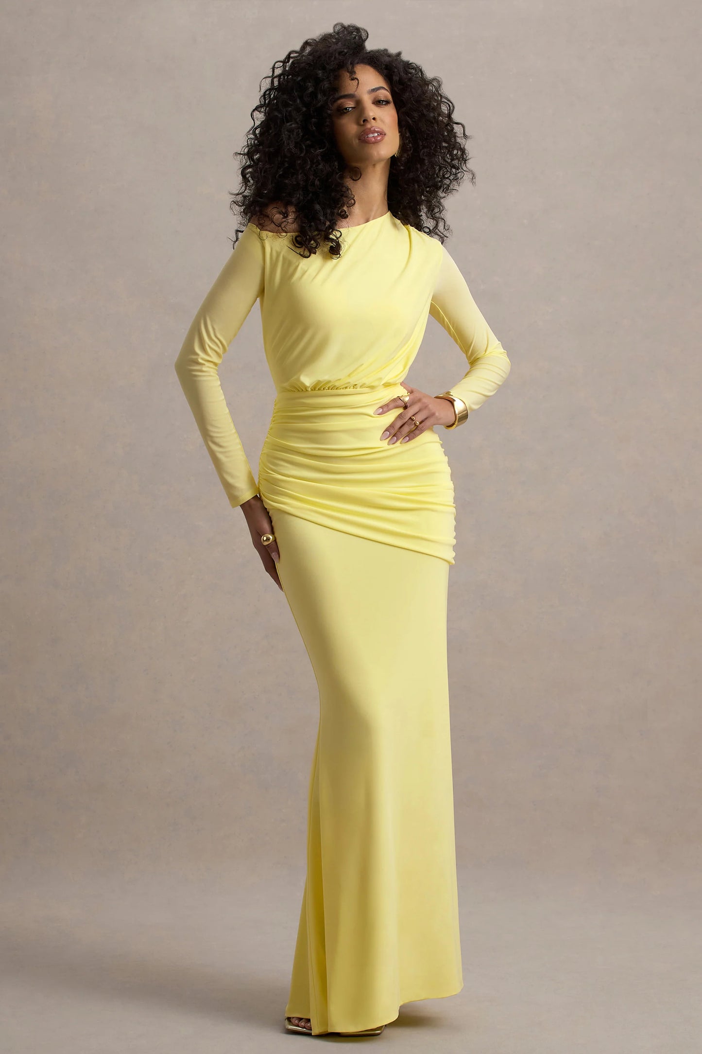 Deanna Lemon Asymmetric Long-Sleeve Ruched Maxi Dress