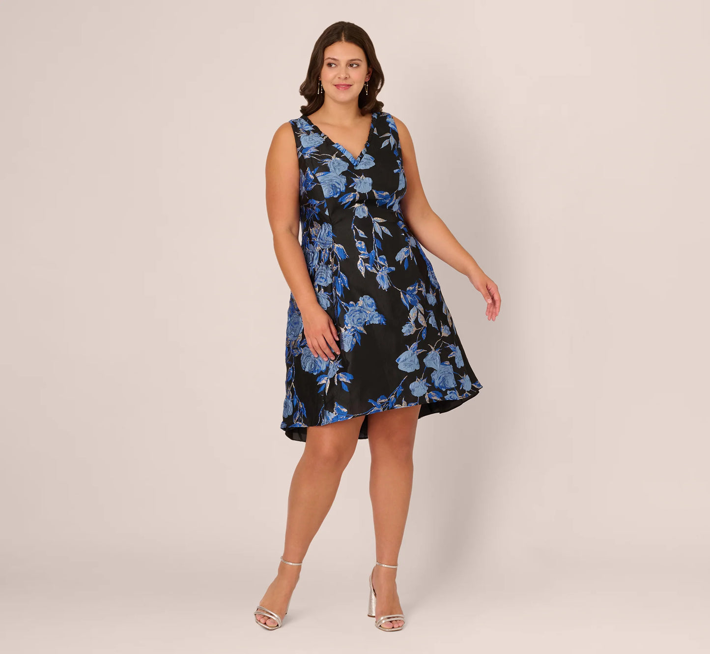 Plus Size Floral Jacquard Short Fit And Flare Dress In Blue Black Multi