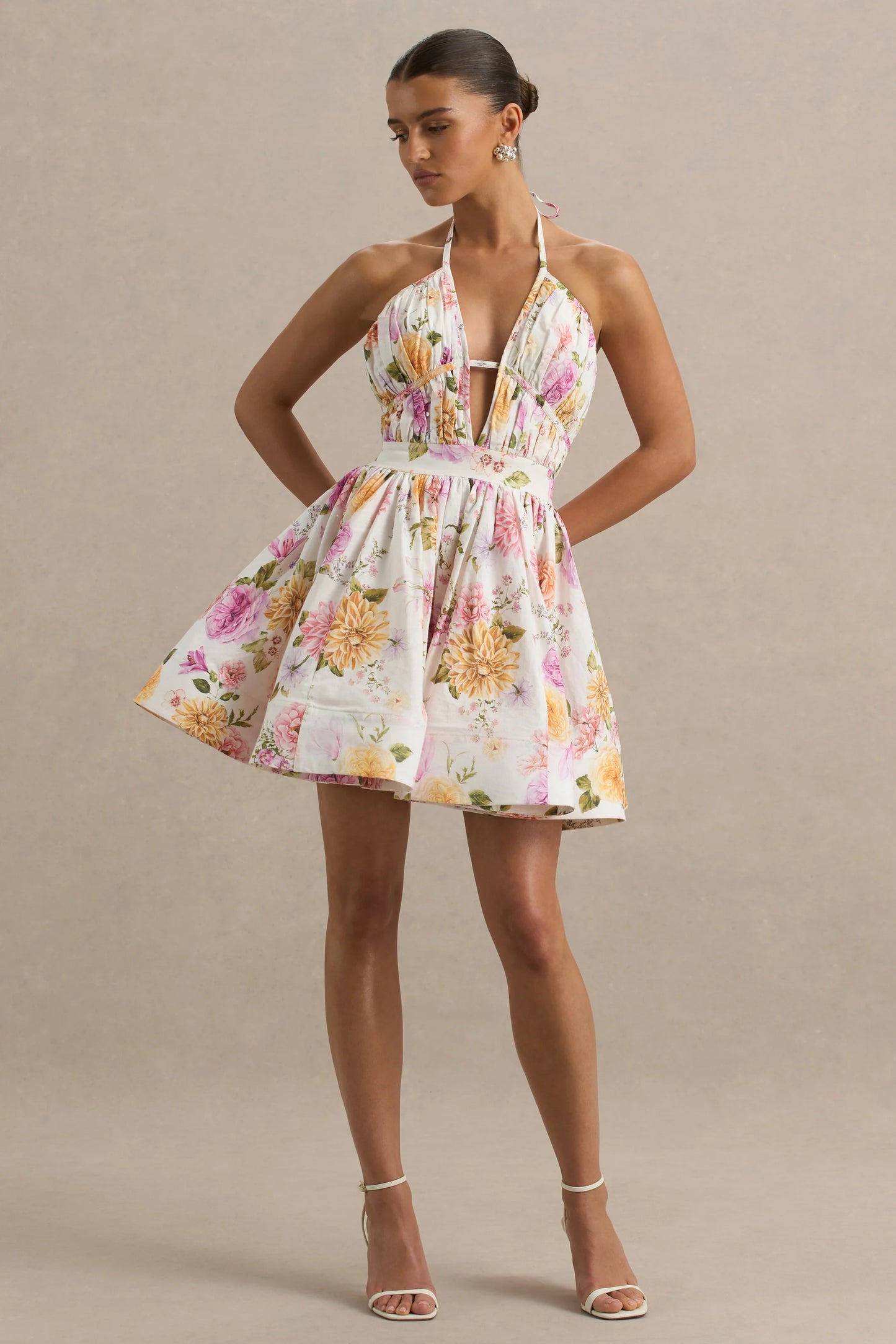 Kasey Cream Floral Print Halter-Neck Mini Dress With Ruffle Detail