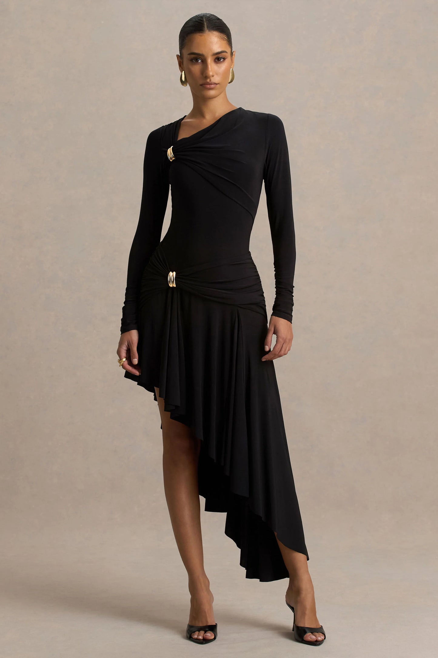 Alexia Black Asymmetric-Neck Maxi Dress With Gold-Details