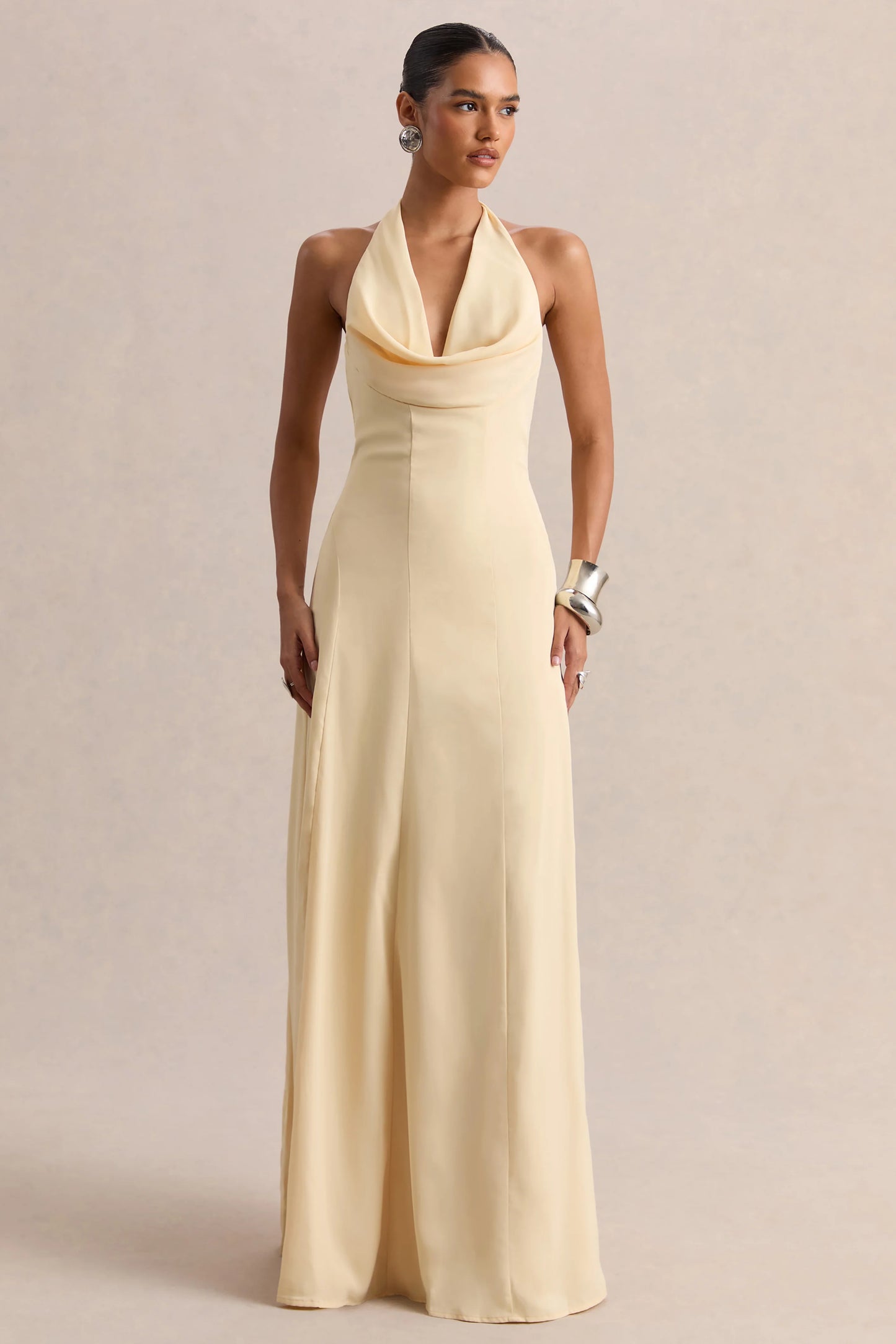 Undeniable Lemon Cowl-Neck Draped Maxi Dress