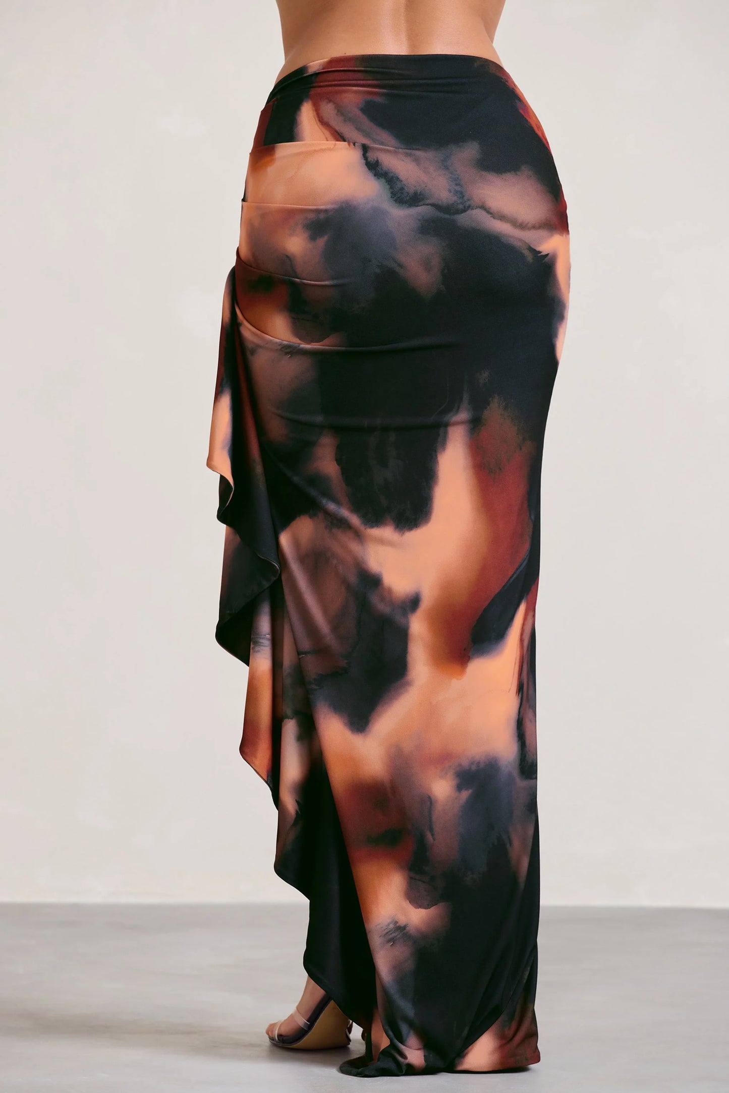 La Belle Orange Smoke Print Ruffle Maxi Skirt With Thigh Split