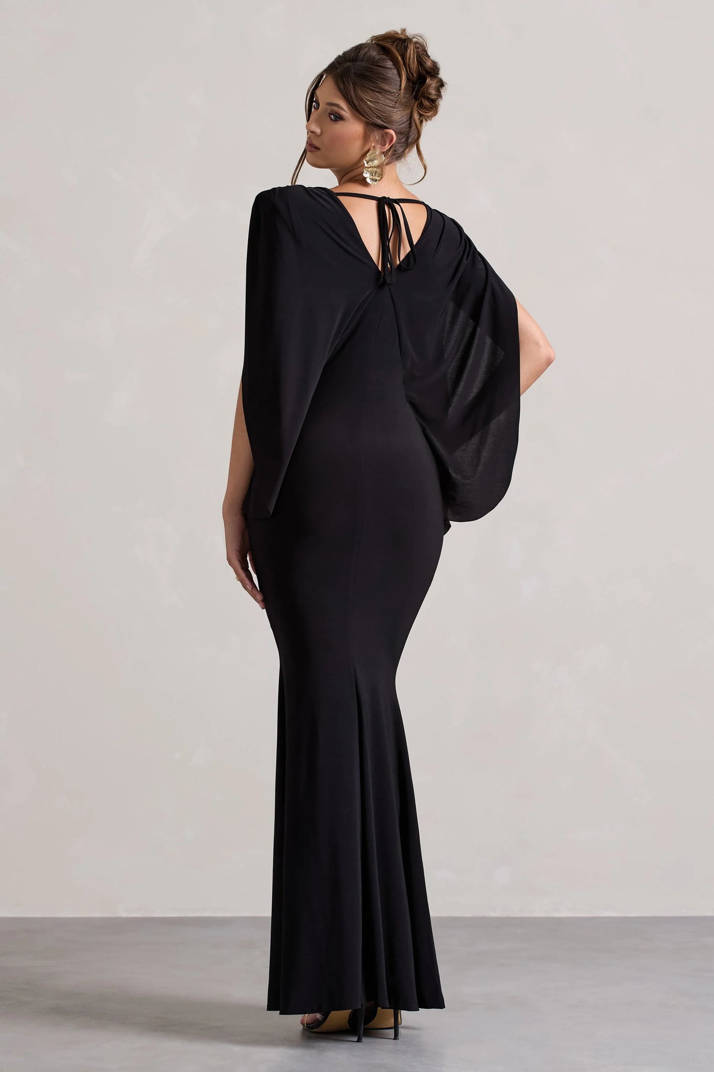 Perry Black V-Neck Cape Sleeve Split Maxi Dress