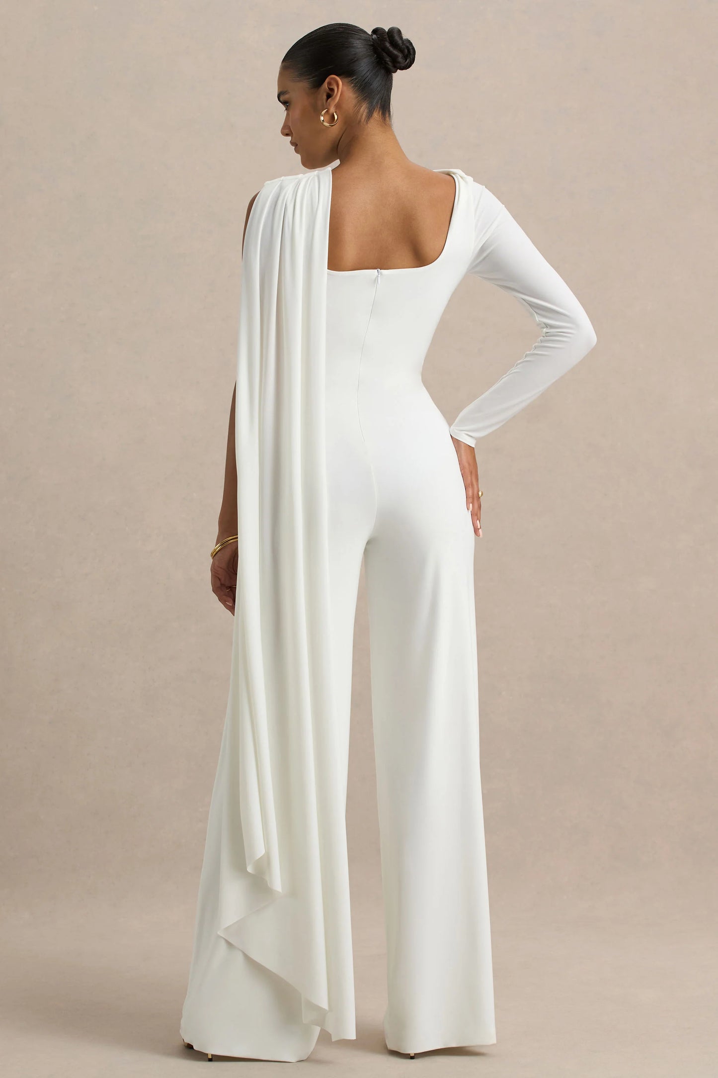 Graces White High-Neck Jumpsuit With Cape Sleeve