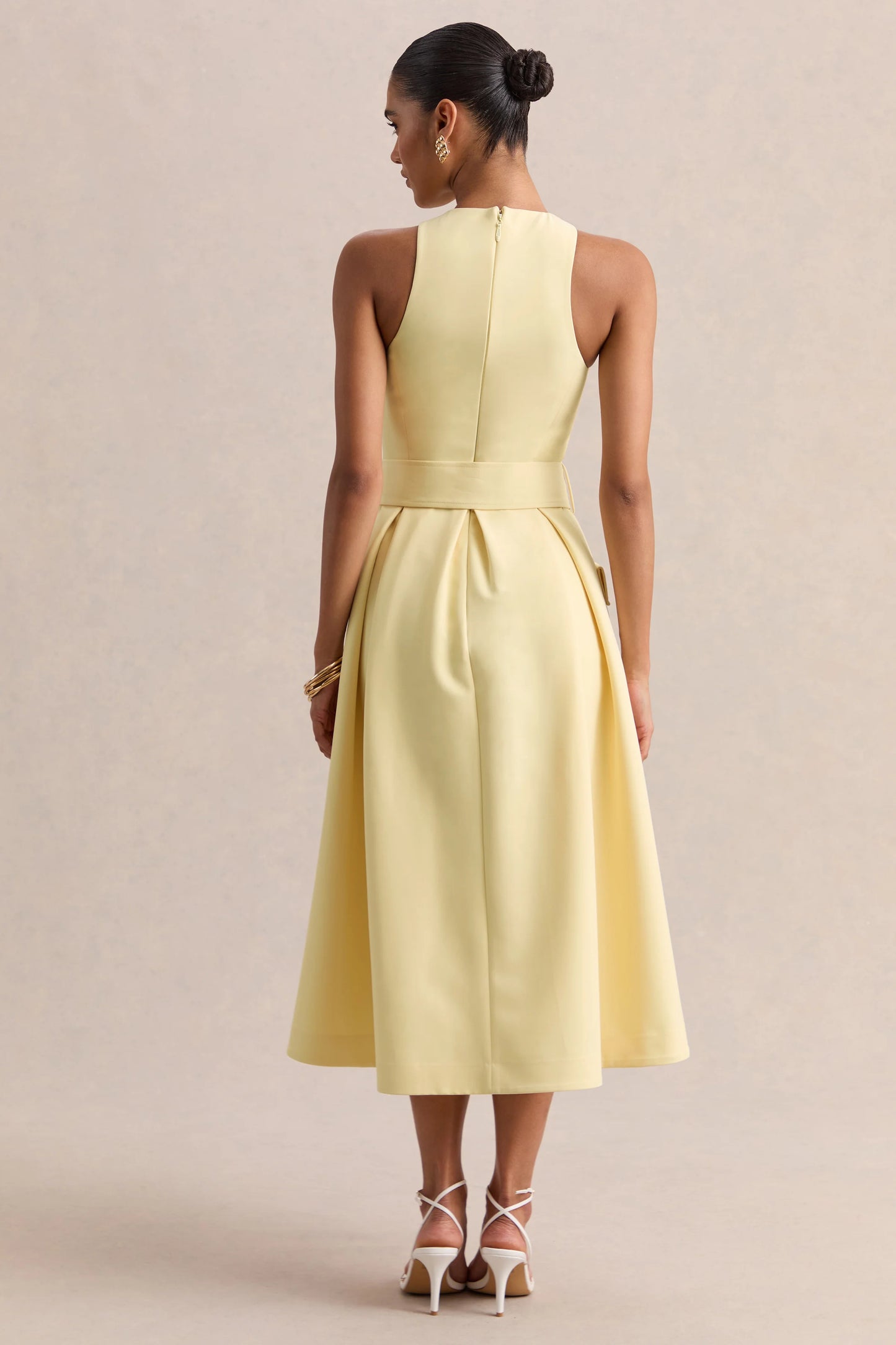 Magnora Lemon Crew-Neck Belted Midi Dress