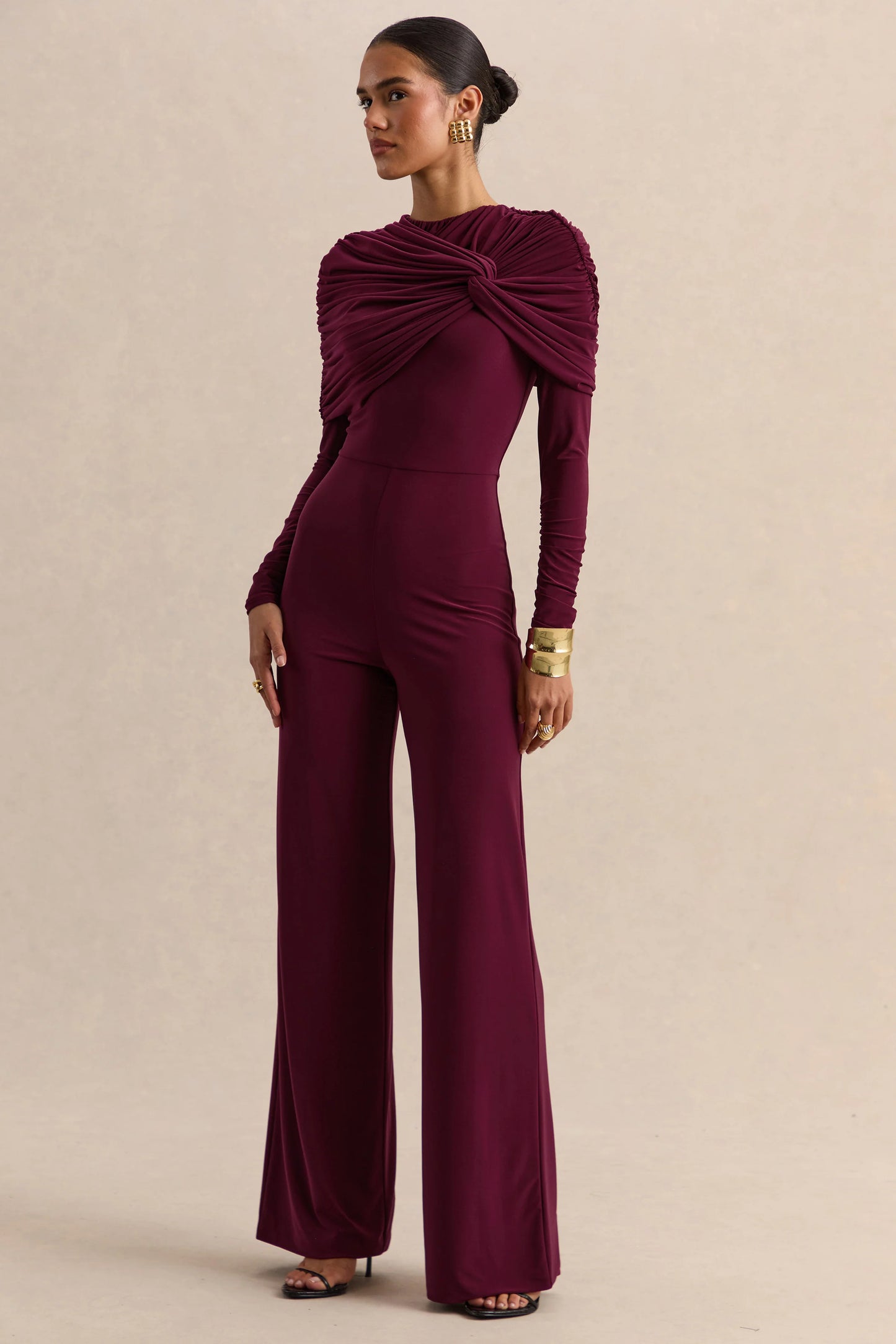 Eloura Burgundy High-Neck Jumpsuit With Twist-Gathered Detail