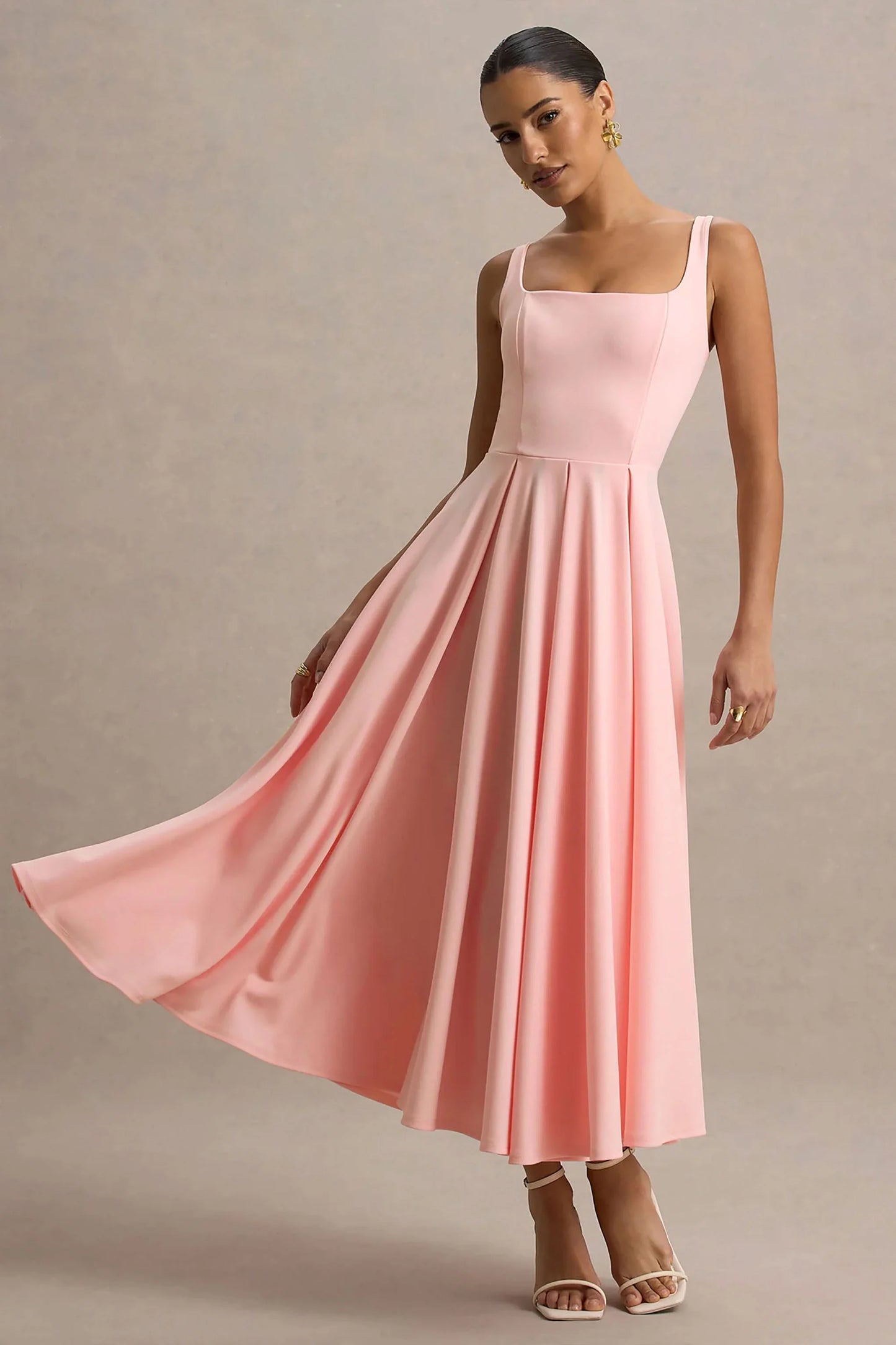 Parina Pink Strappy Volume-Hem Midi Dress