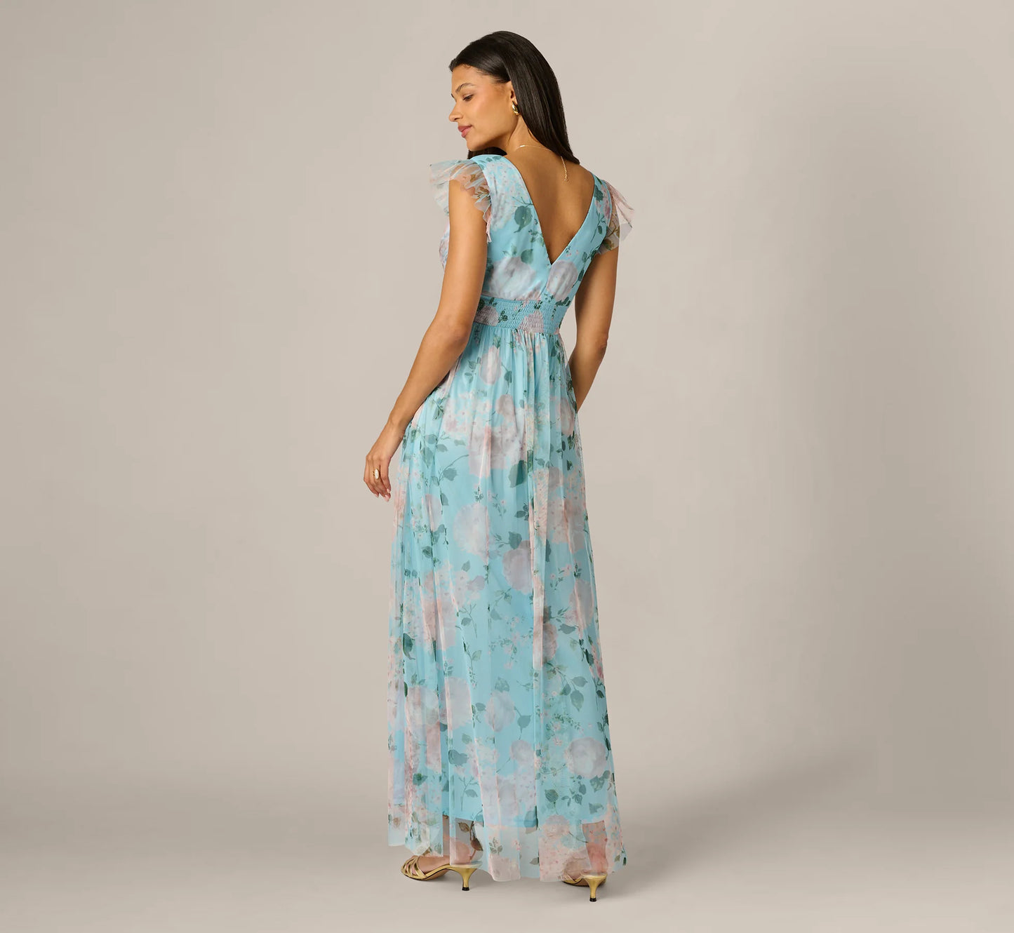 Flutter Sleeve Floral Tulle Maxi Dress In Blue Multi