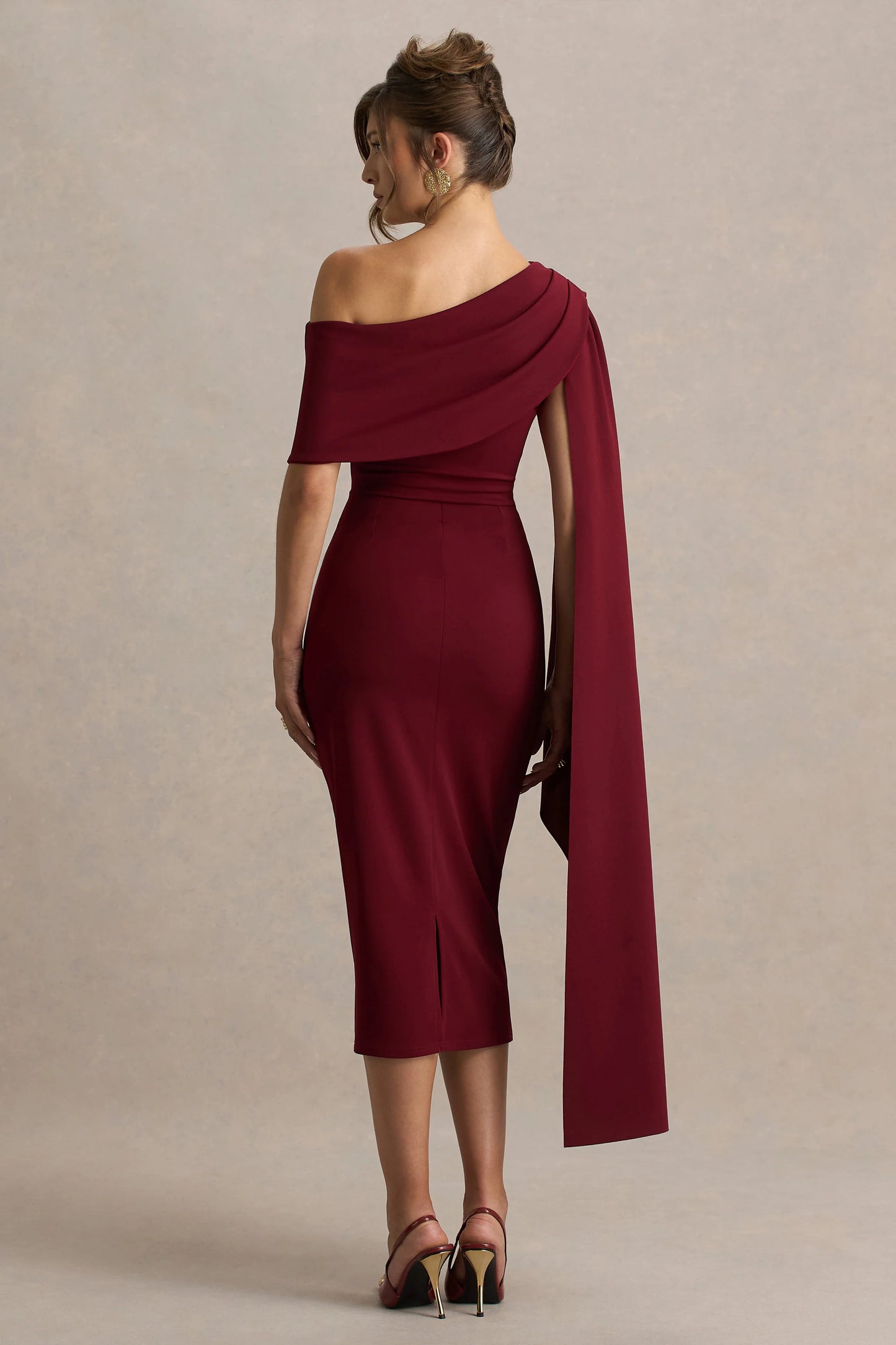 Leah Burgundy Asymmetric-Neck Midi Dress With Cape-Sleeve