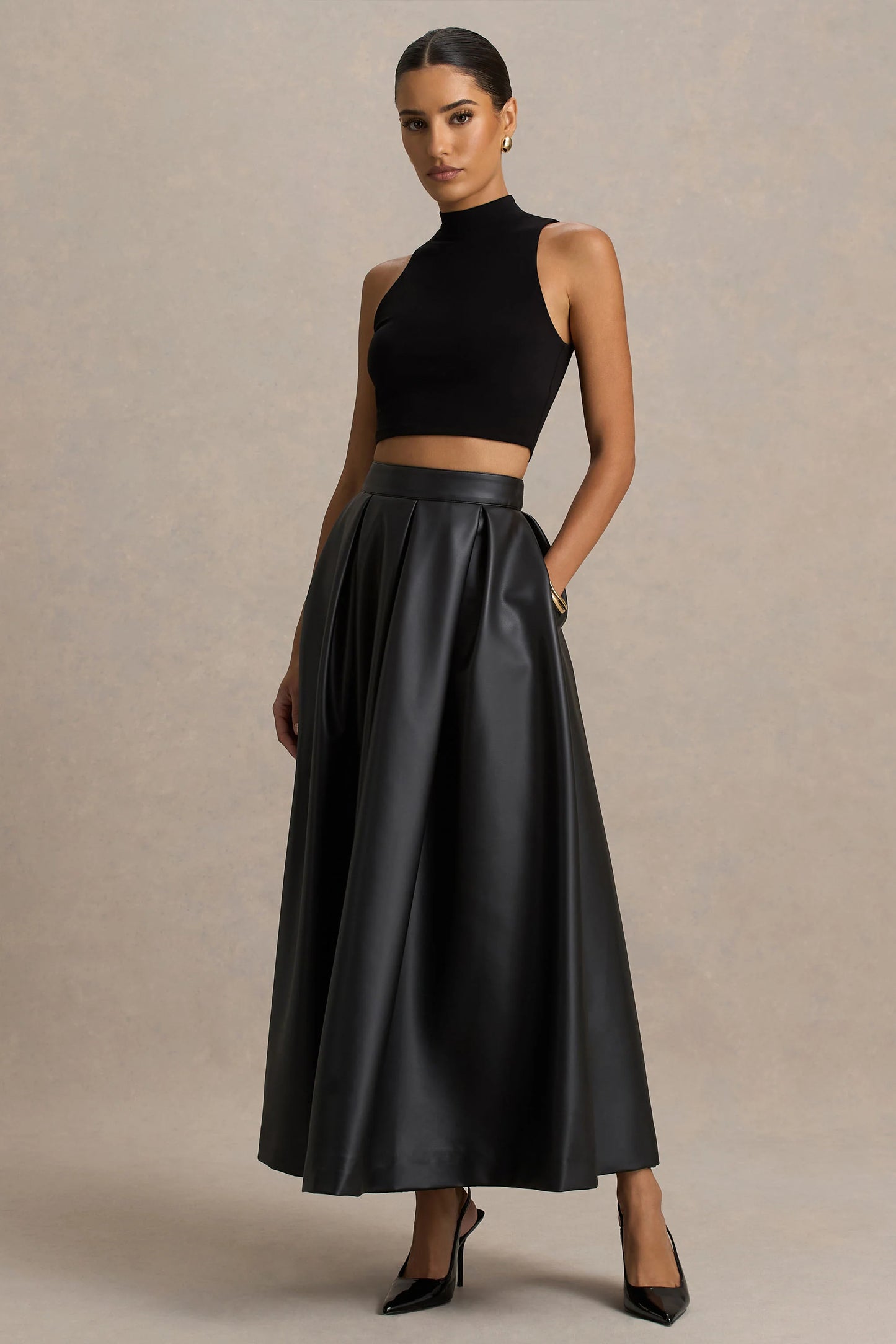 Noa Black Faux Leather A-Line Midi Skirt