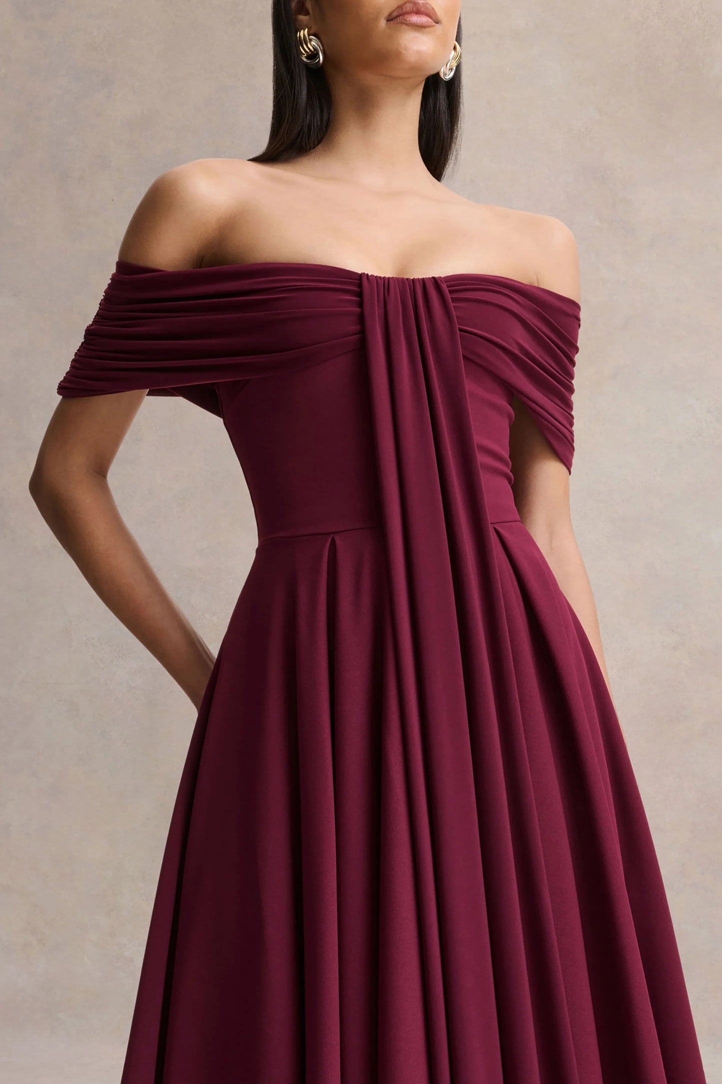 Dearest Burgundy Bardot-Neck Midi Dress
