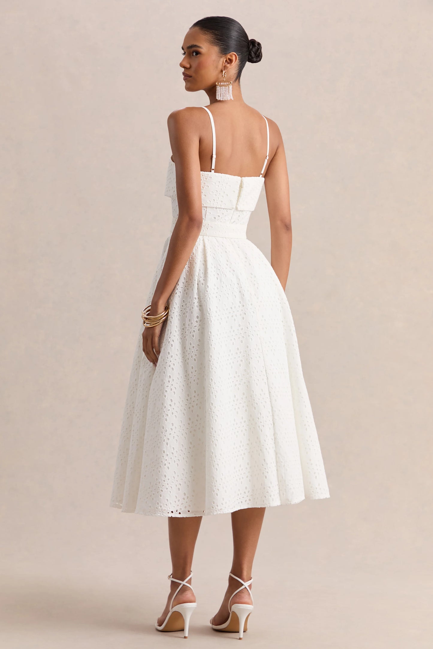 Zoeva Cream Broderie Square-Neck Belted Midi Dress