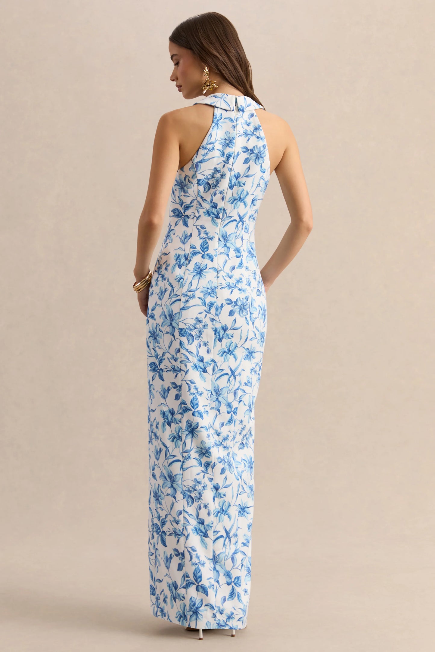 Quinn Blue Porcelain Print Plunge-Neck Tailored Maxi Dress