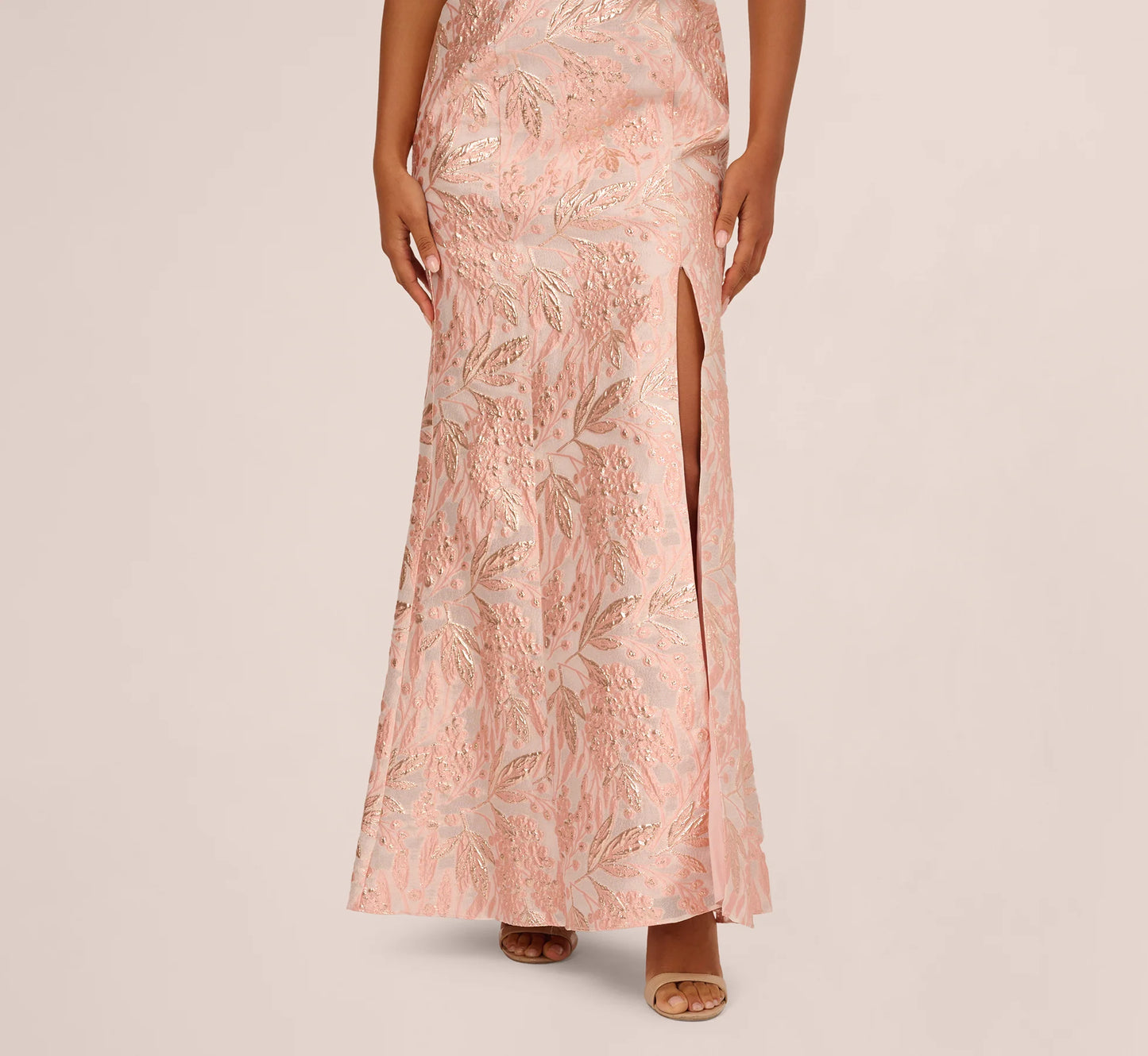 Off Shoulder 3D Floral Jacquard Gown In Blush