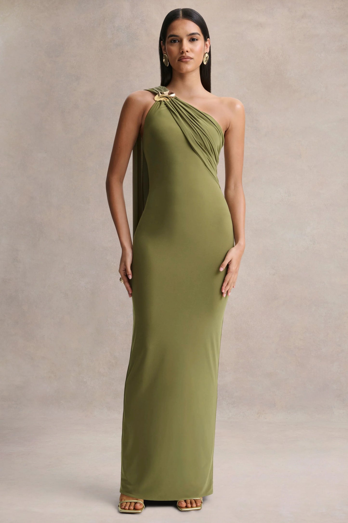 Mandy Olive Asymmetric-Neck Maxi Dress With Gold-Detail