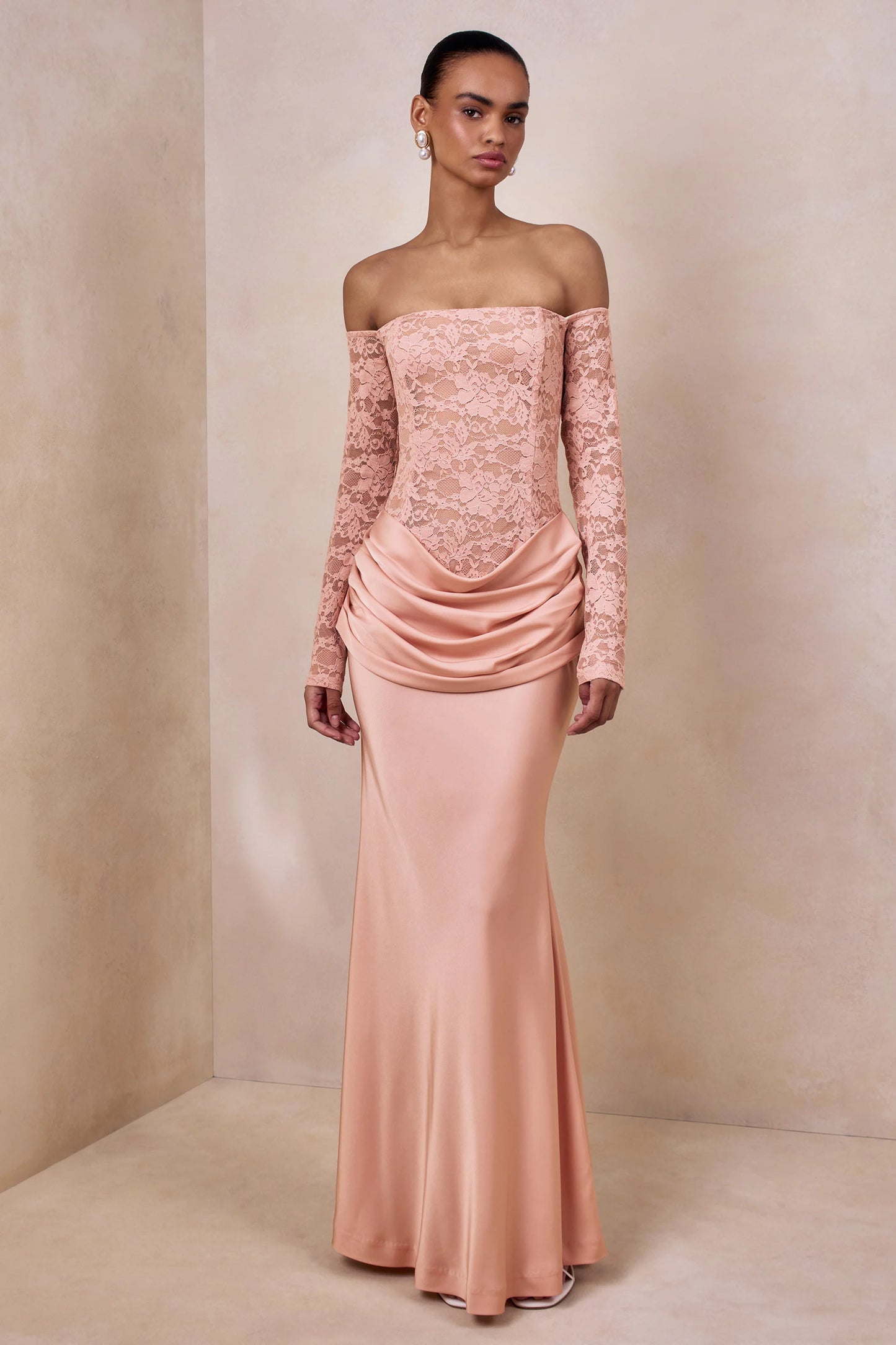 Rinna Pink Lace And Satin Bardot-Neck Maxi Dress