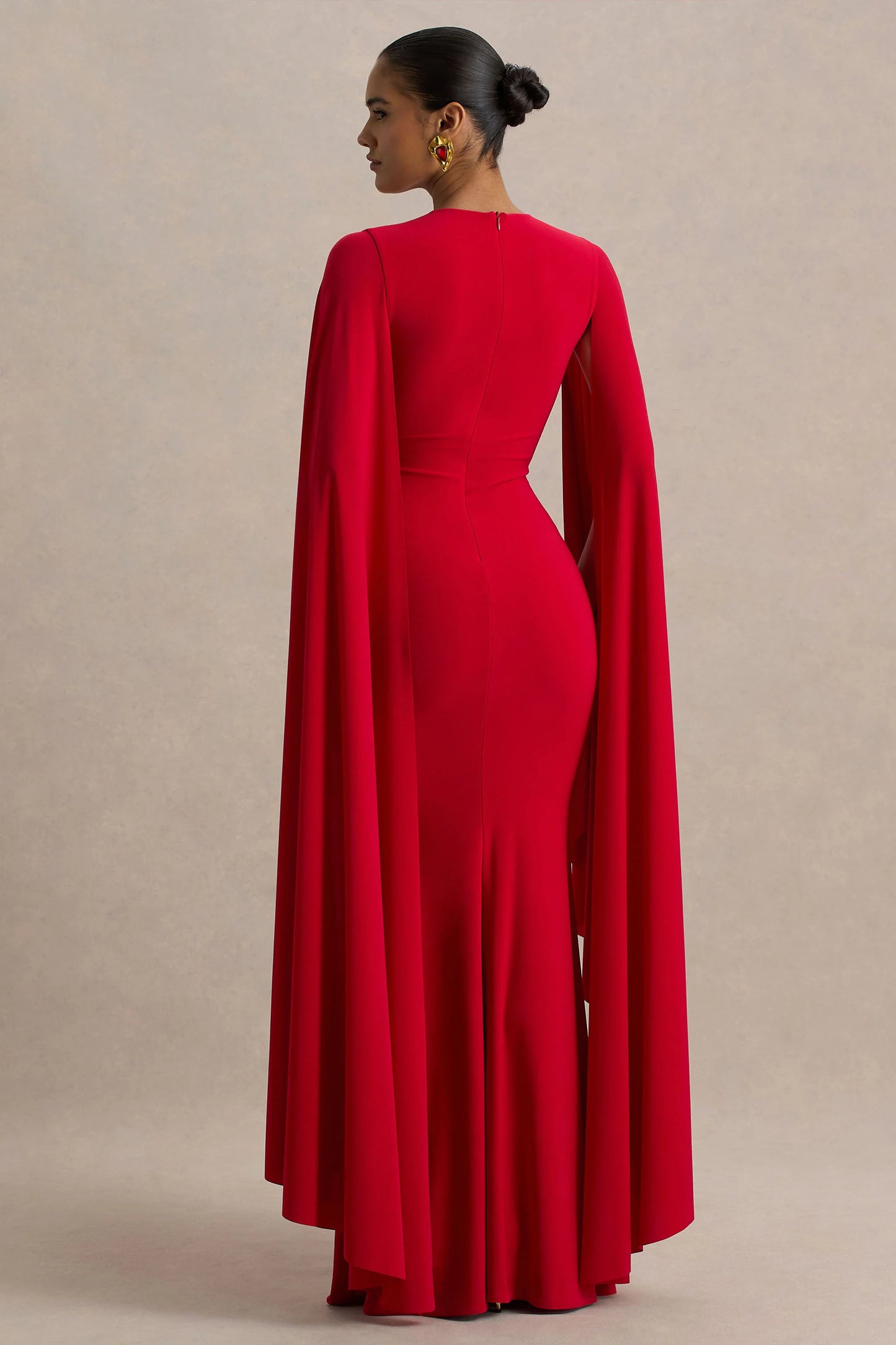 Briony Red Crew-Neck Maxi Dress With Cape Sleeves