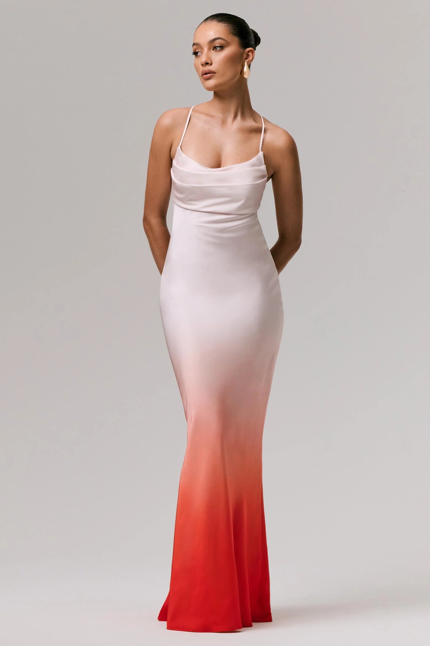 Lucie Red Ombre Satin Cowl-Neck Maxi Dress